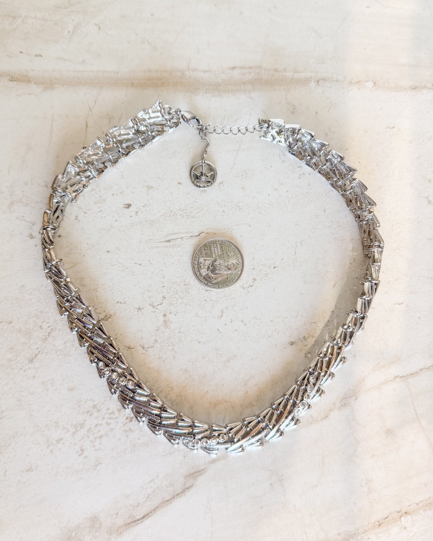 Vintage Signed Crown Trifari Brutalist Rhodium Plated Choker