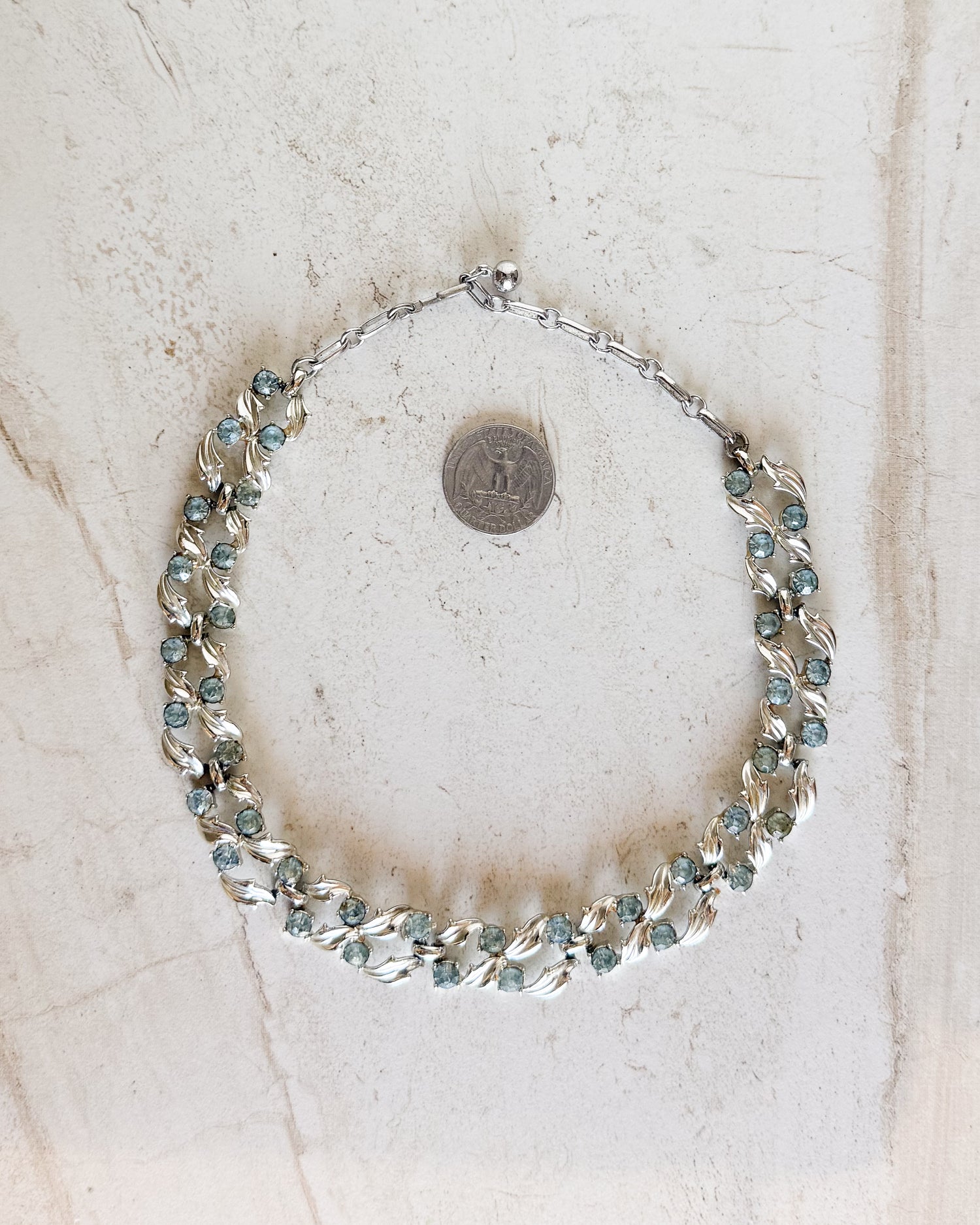 Vintage Coro Baby Blue Rhinestone and Silver Leaves Garland Necklace