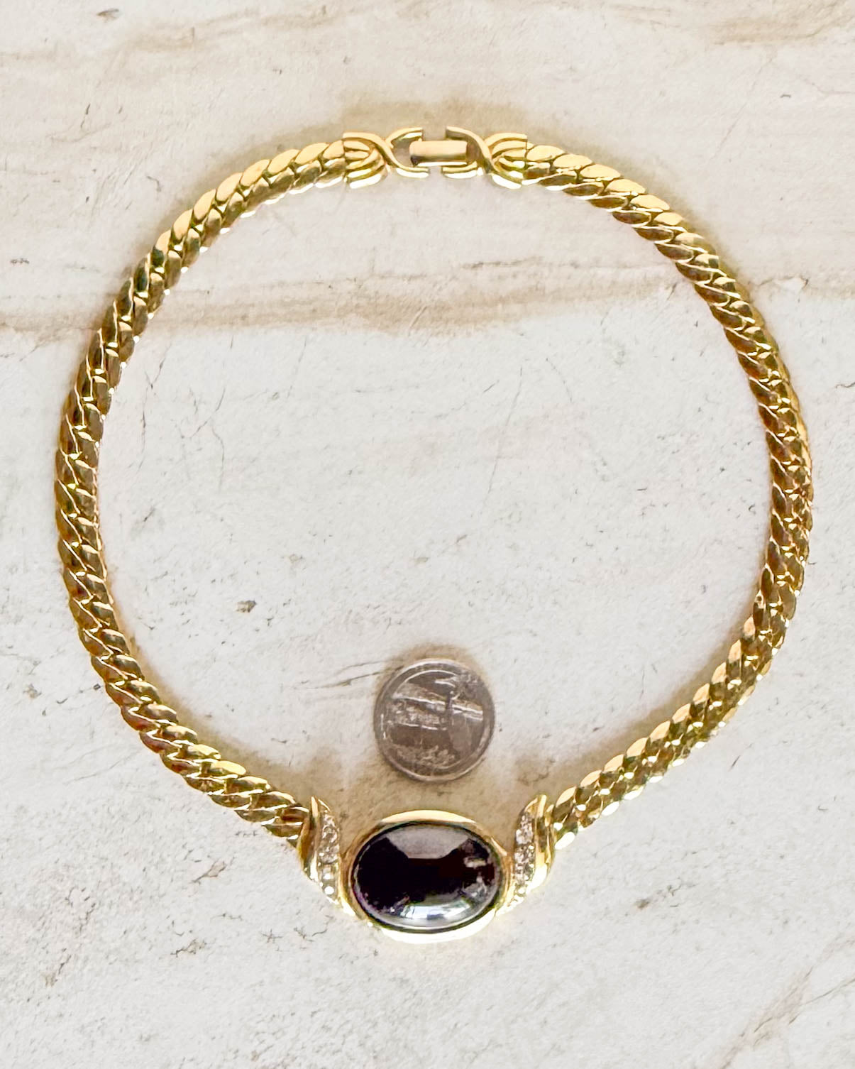 Vintage Signed Double Link Black Cabochon Gold Tone Necklace