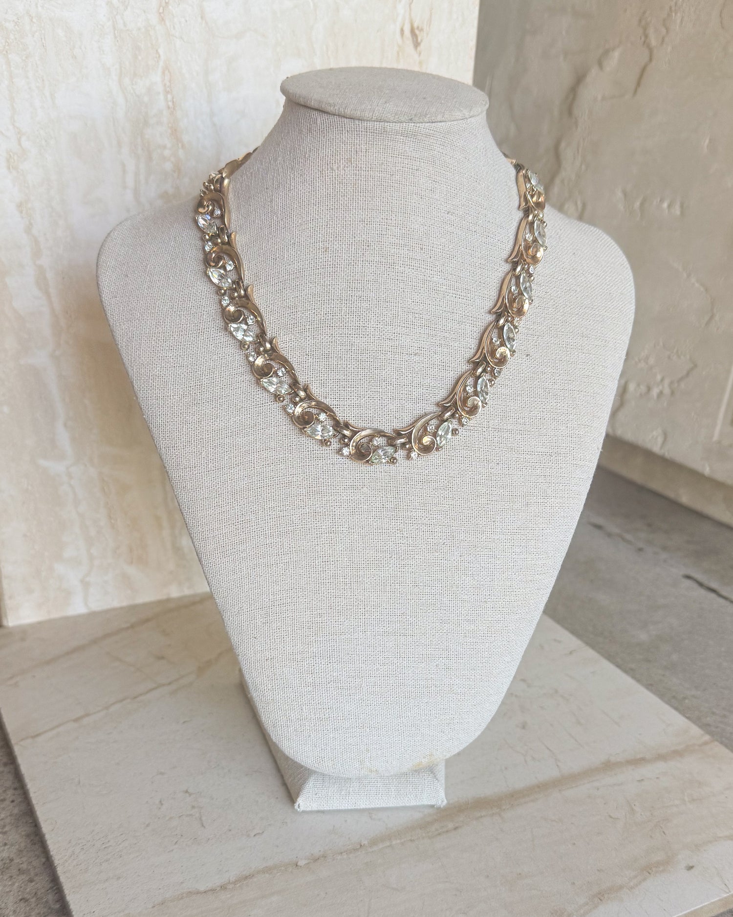 Vintage Gold Curl Rhinestone Navette Necklace