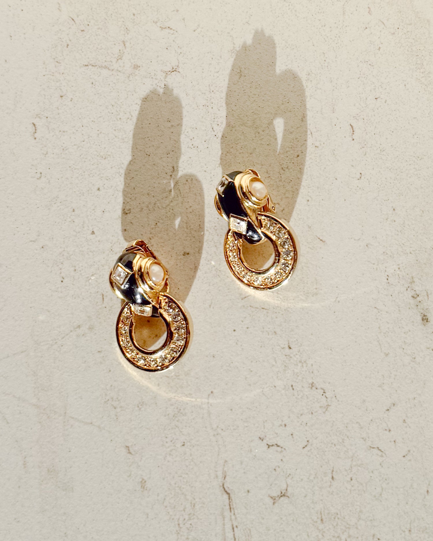 Vintage Black Enamel Gold Plated Door Knocker Crystal Clip-On Earrings
