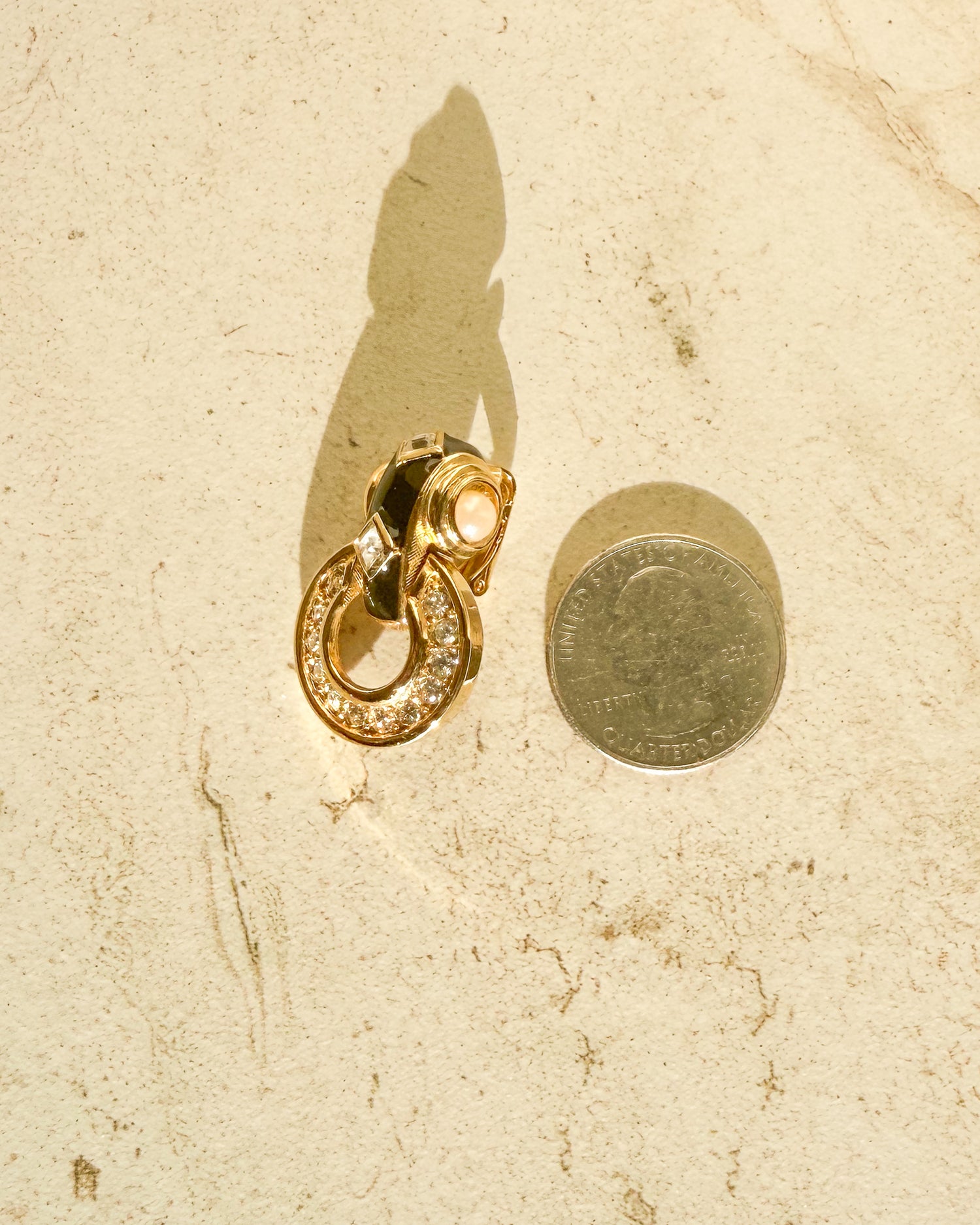 Vintage Black Enamel Gold Plated Door Knocker Crystal Clip-On Earrings
