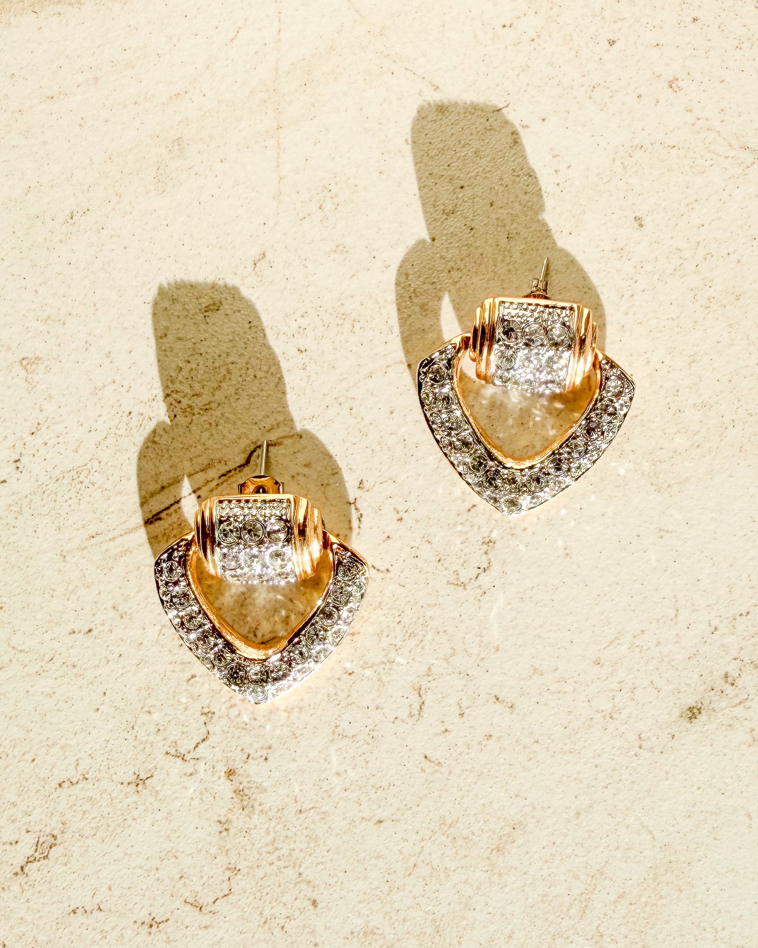 Vintage Signed Crystal V Earrings Roman Gold