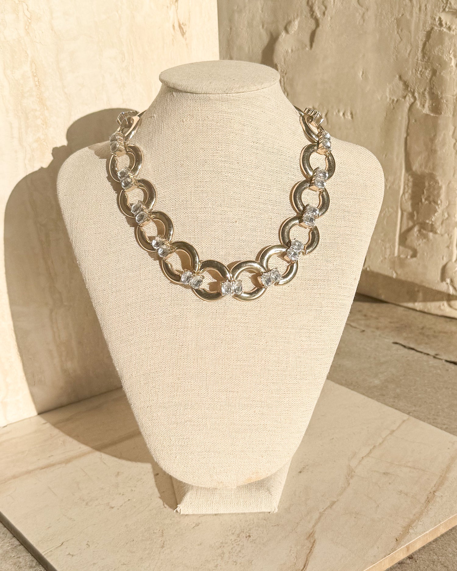 Vintage Gold Tone Rhinestone Circle Necklace