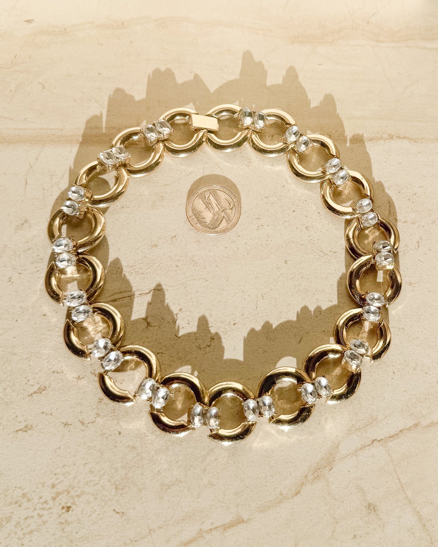 Vintage Gold Tone Rhinestone Circle Necklace