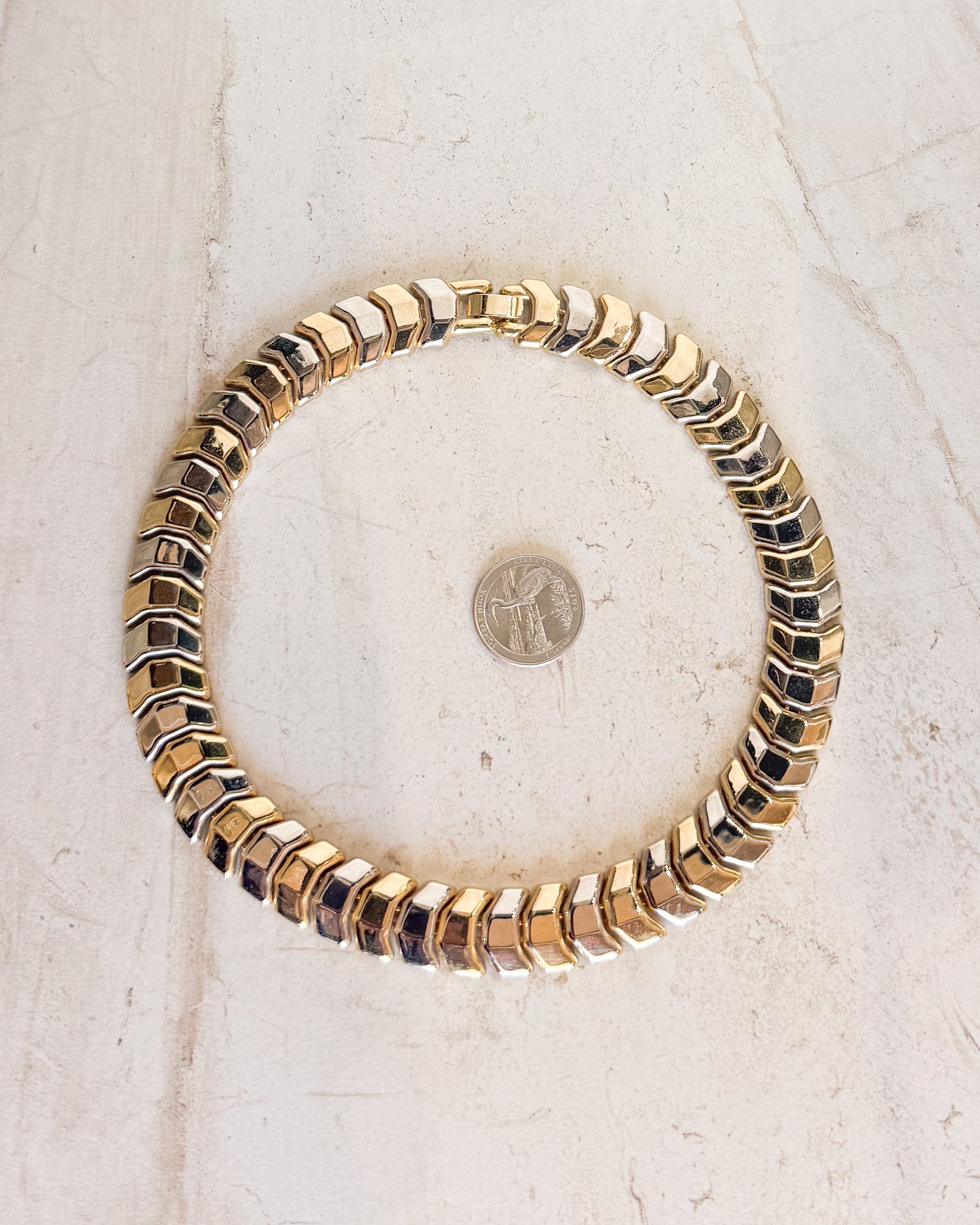 Vintage Polished Two-Tone Chevron Style 16 inch Wide Link Necklace