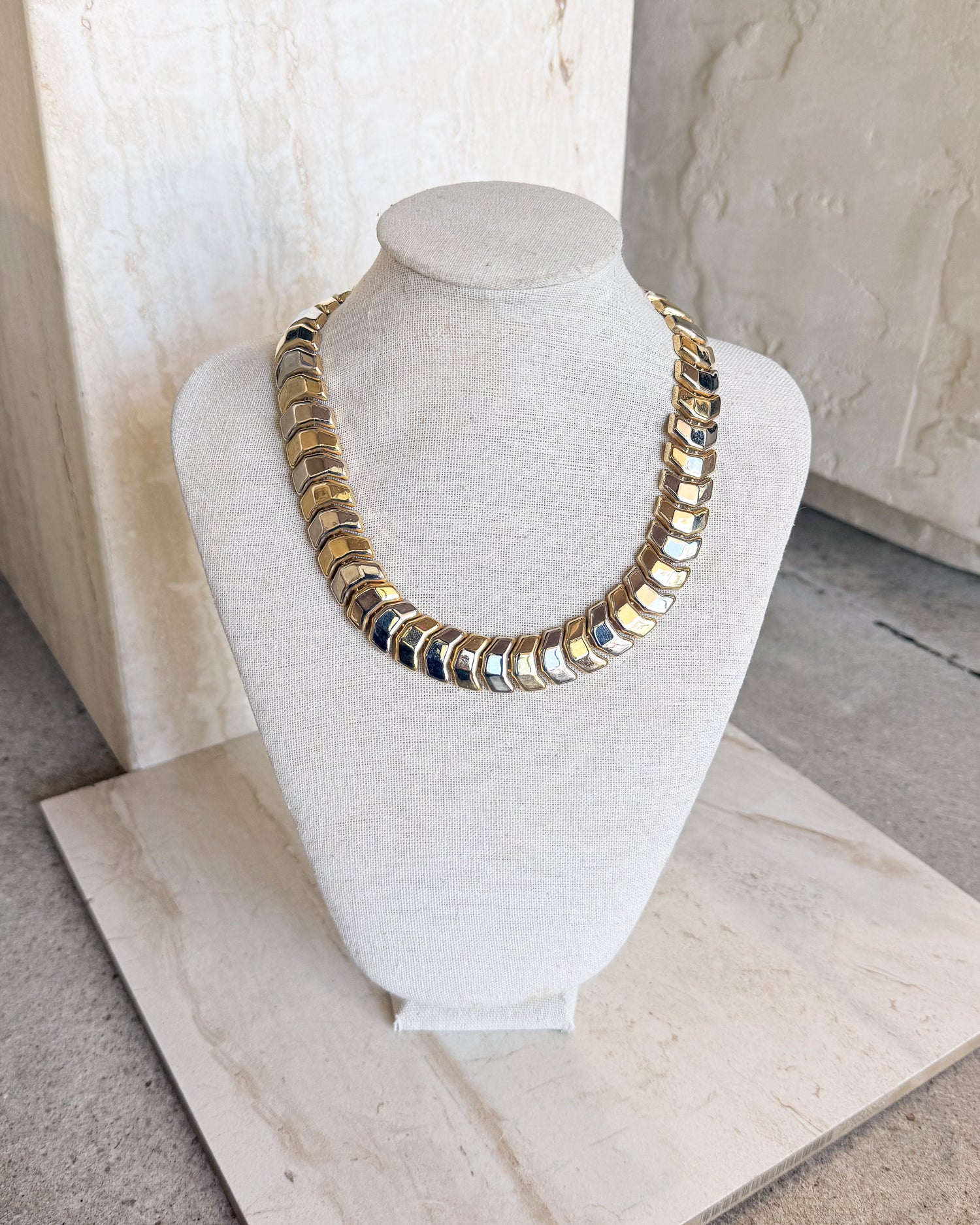 Vintage Polished Two-Tone Chevron Style 16 inch Wide Link Necklace