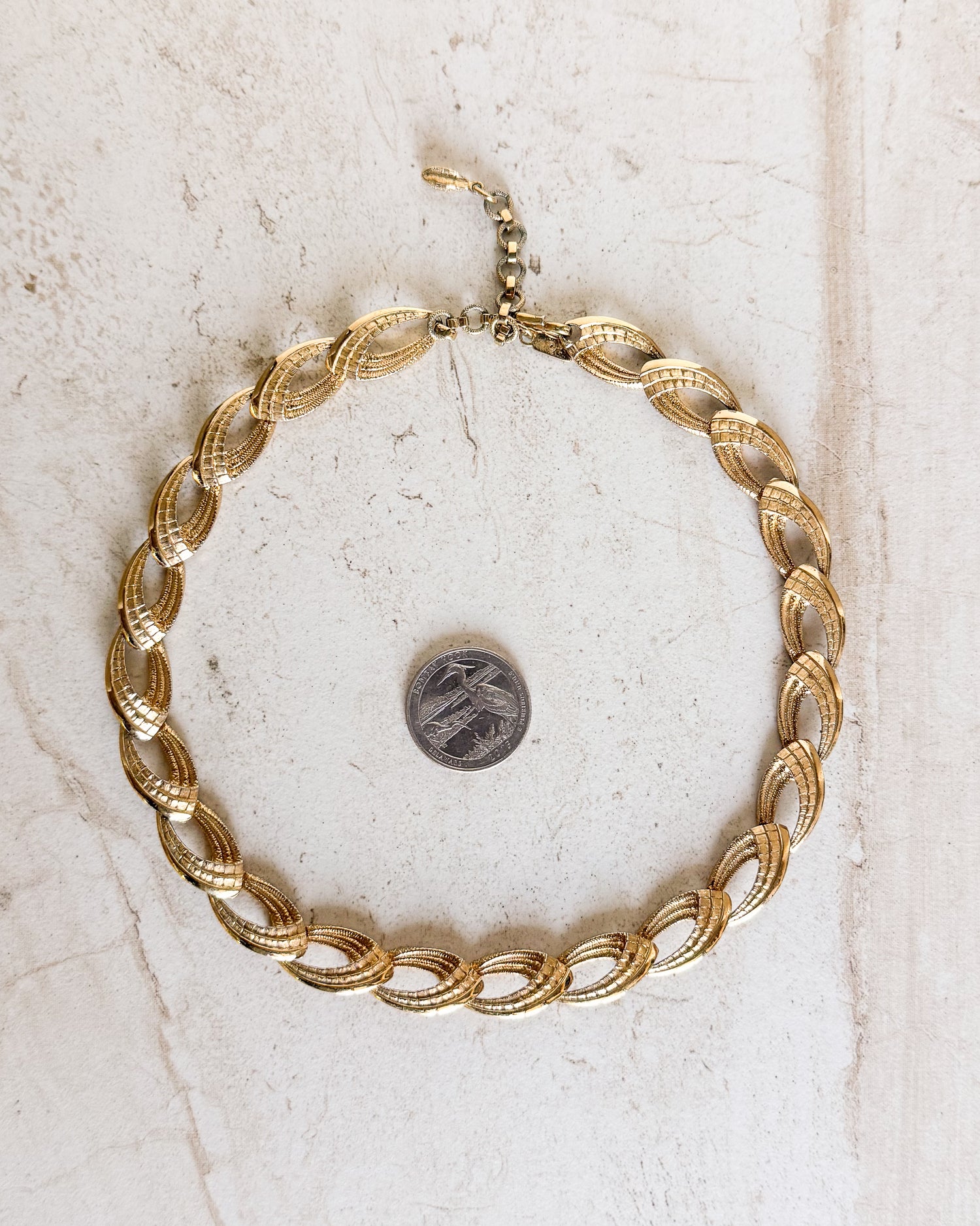 Vintage Signed Gold Tone Chain Choker Textured Necklace