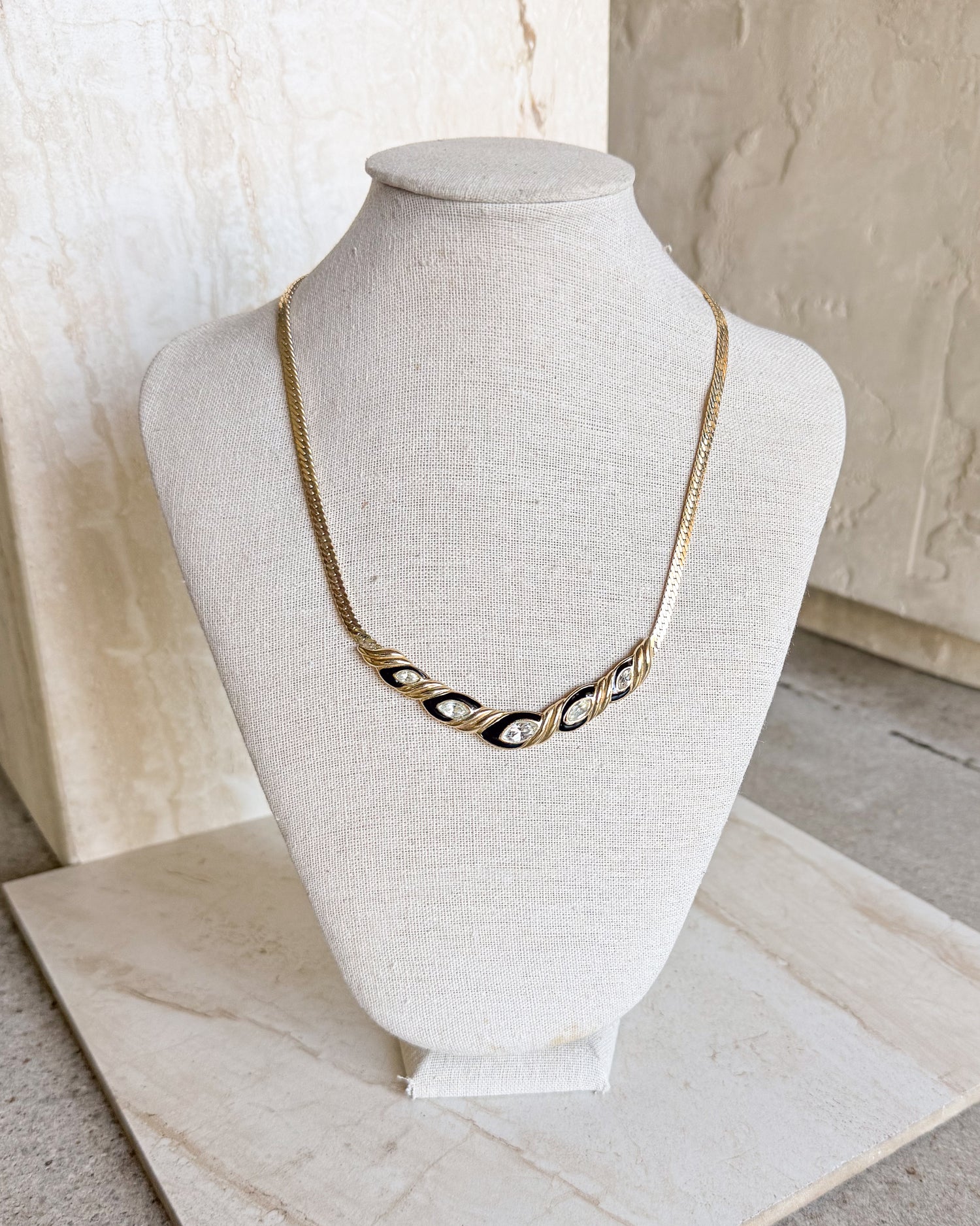 Vintage Signed black enamel, clear rhinestone necklace