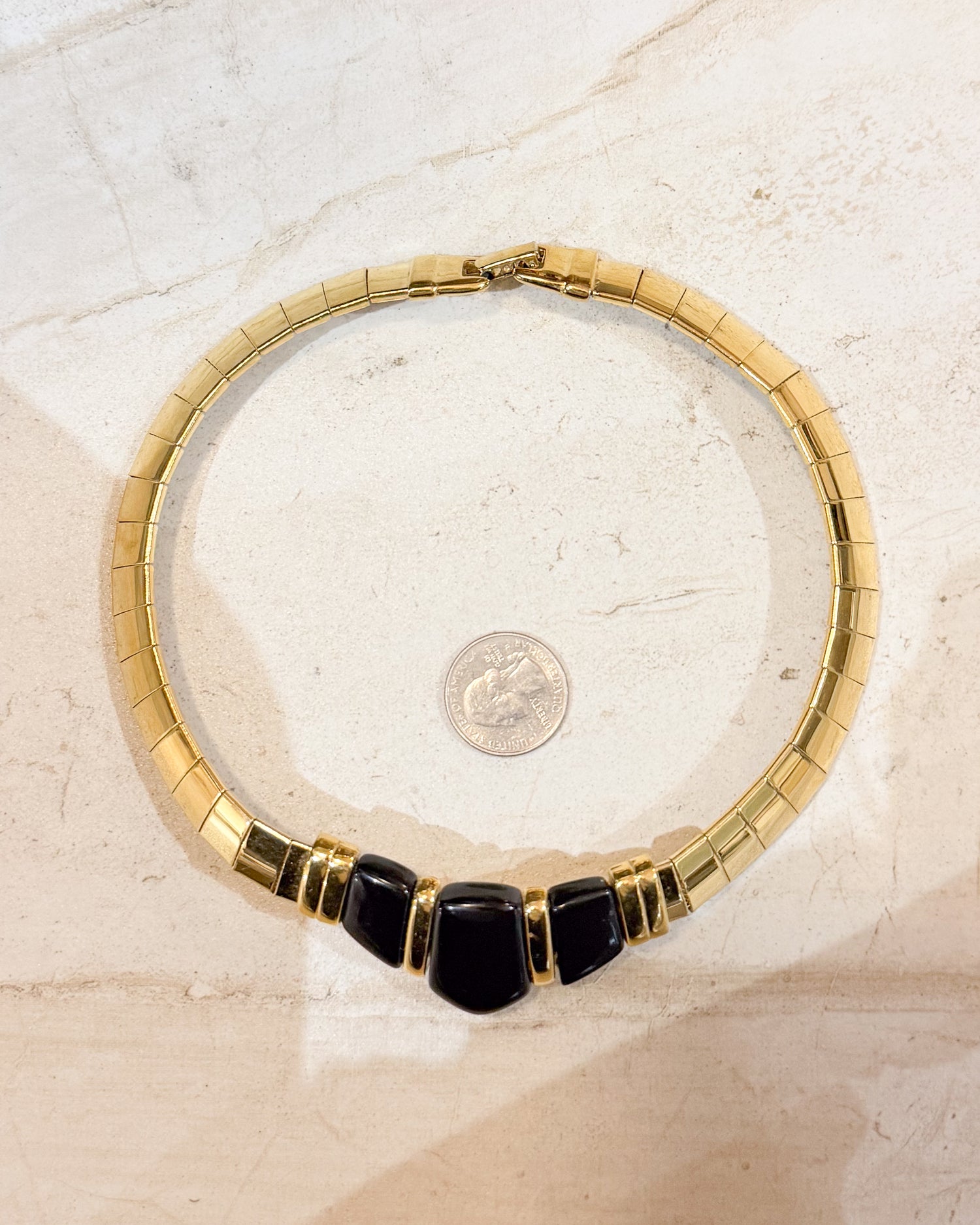Vintage Signed Gold Band Collar Choker Black Necklace