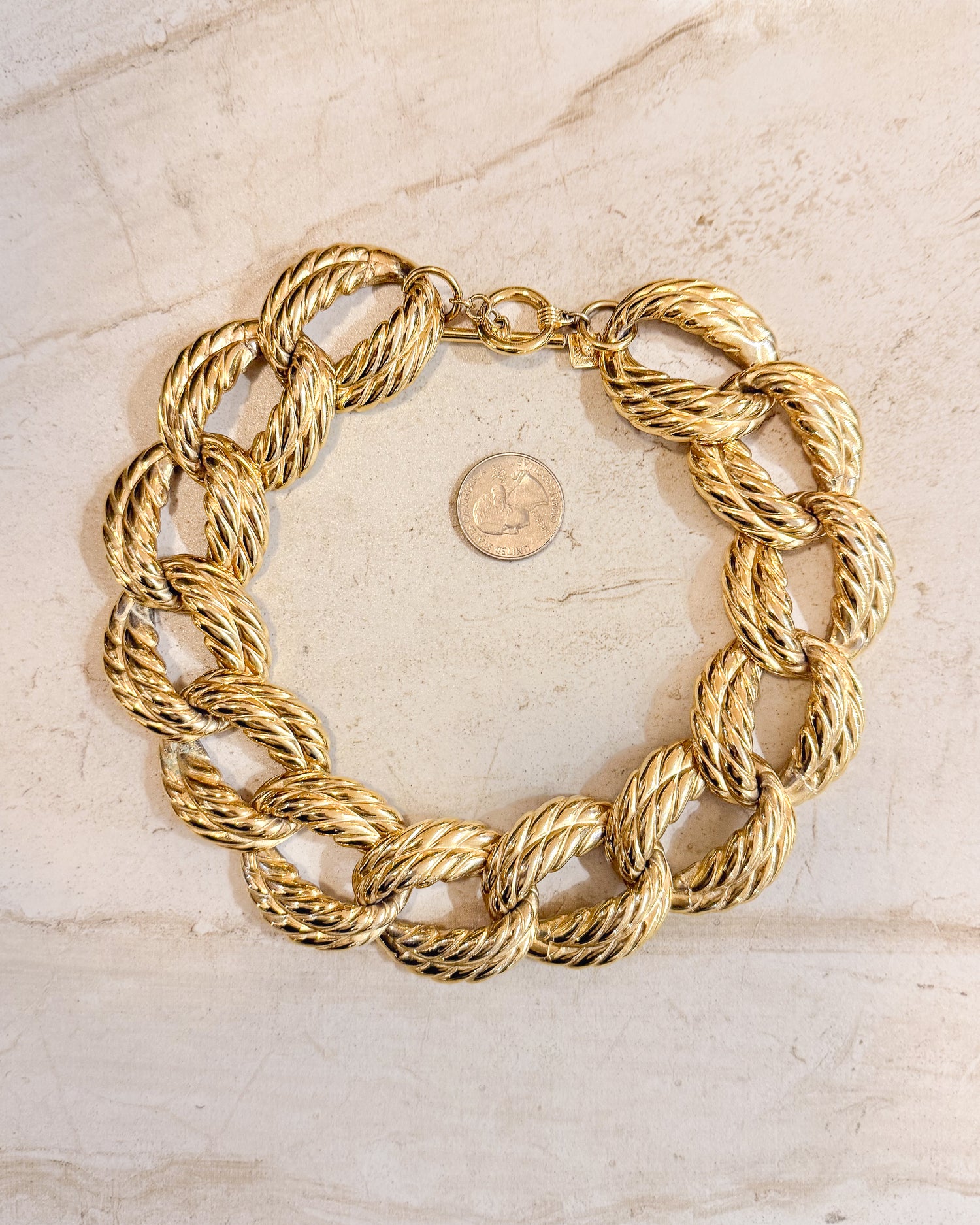 Vintage Signed Chunky Gold Plated Rope Link Necklace