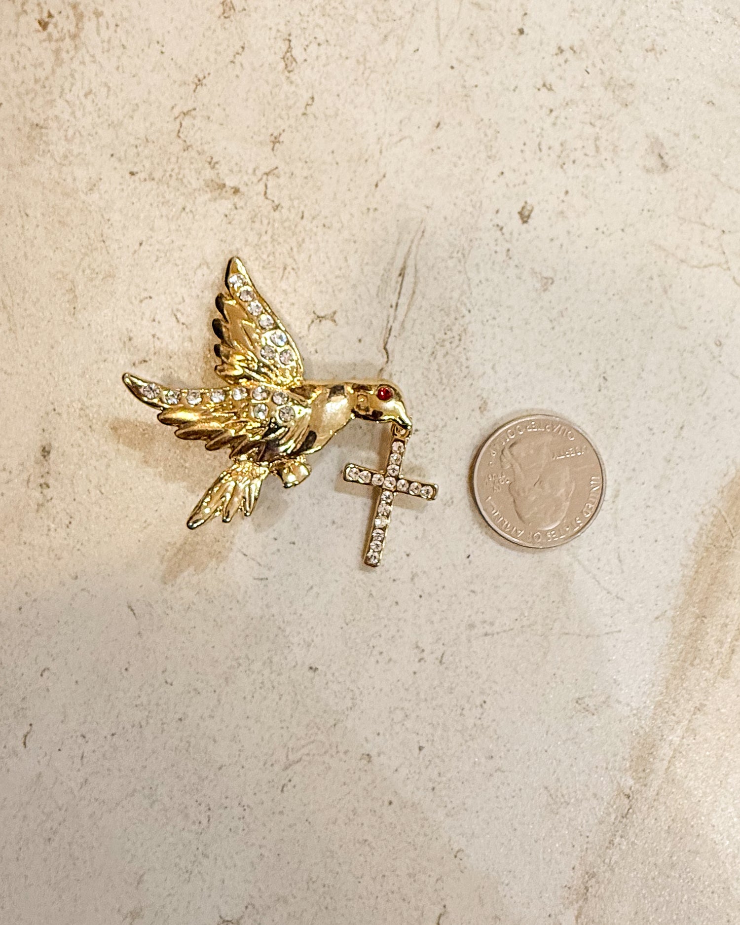 Vintage Gold Dove Red Eye Bird with Cross Brooch