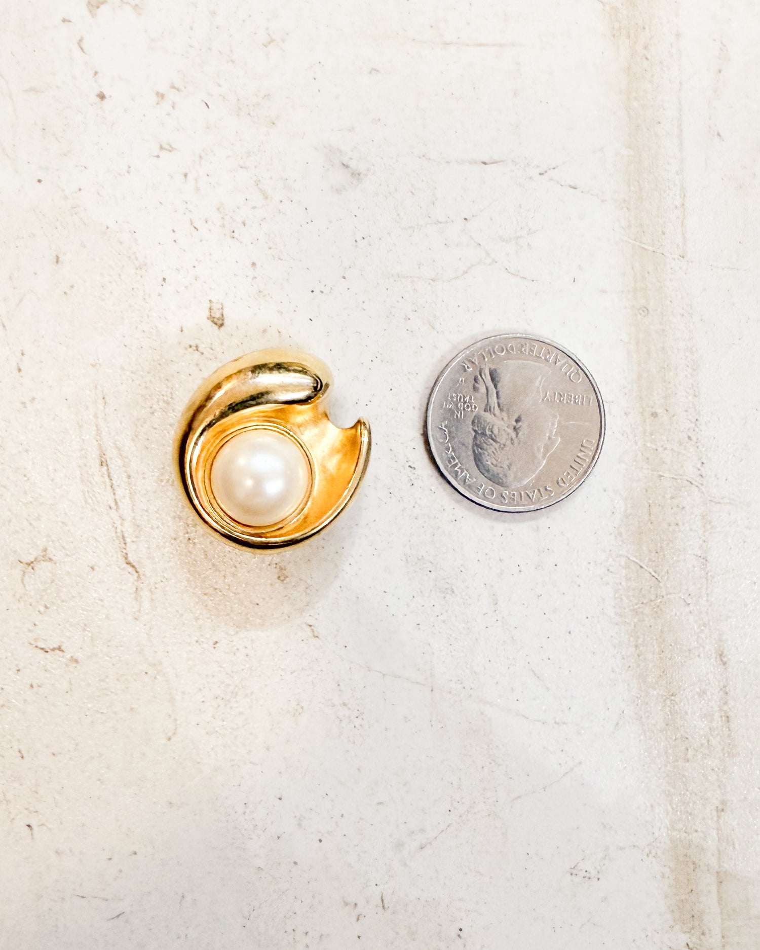 Vintage Signed Polished Gold Tone Swirl Clip On Earrings with Dome Pearl Center