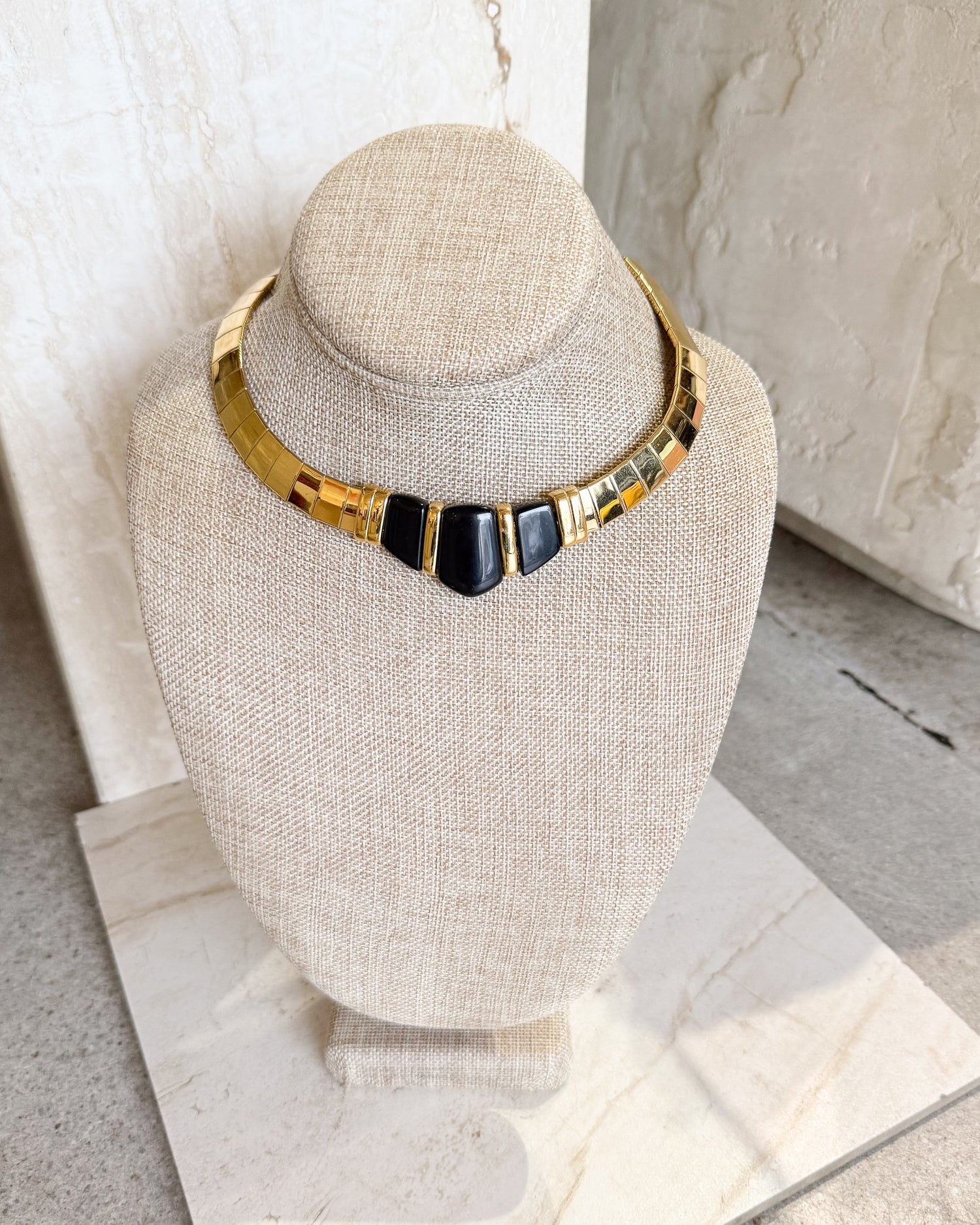 Vintage Signed Gold Band Collar Choker Black Necklace