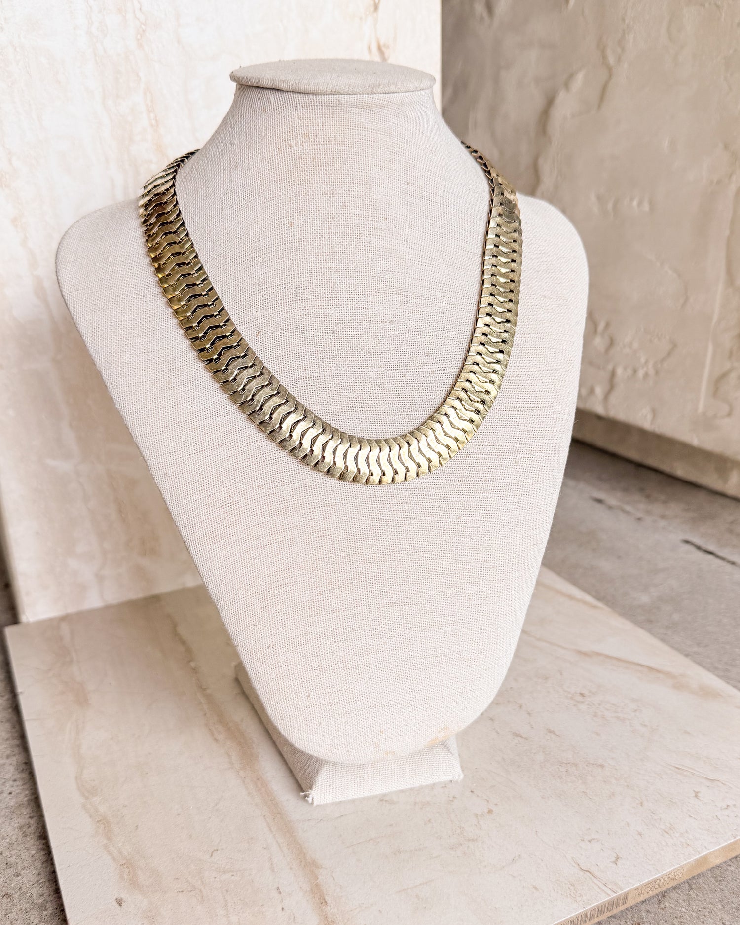 Vintage Champagne Gold Chunky Flat Chain Shiny Link Statement Necklace