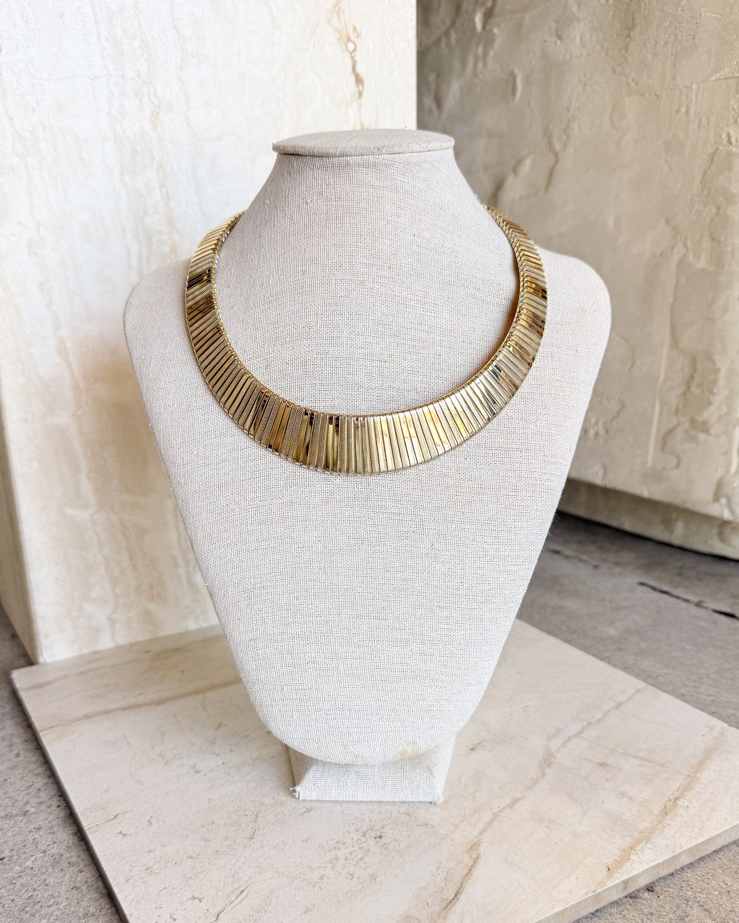 Vintage Gold Tone Textured Wide Collar Necklace