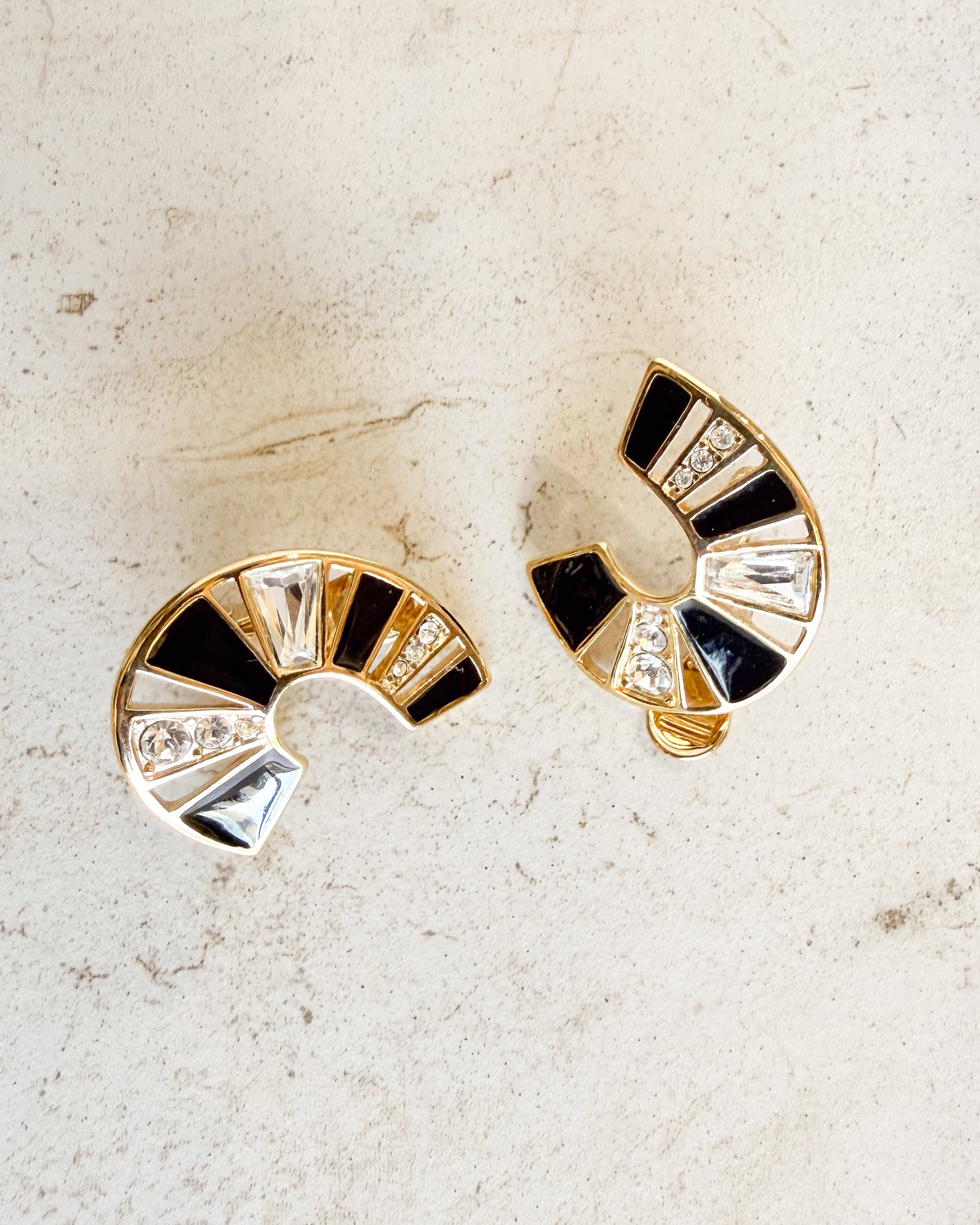 Vintage Art Deco Fan with Black white Crystals Clip On Earrings