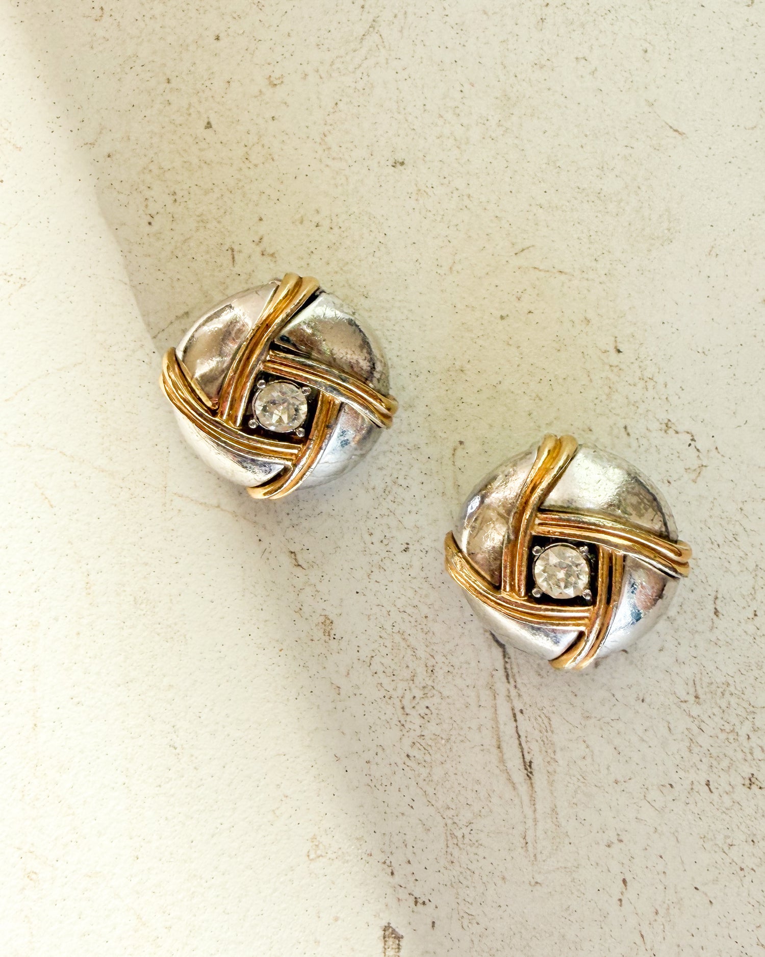 Vintage Signed Two Tone Chunky Clip- On Earrings