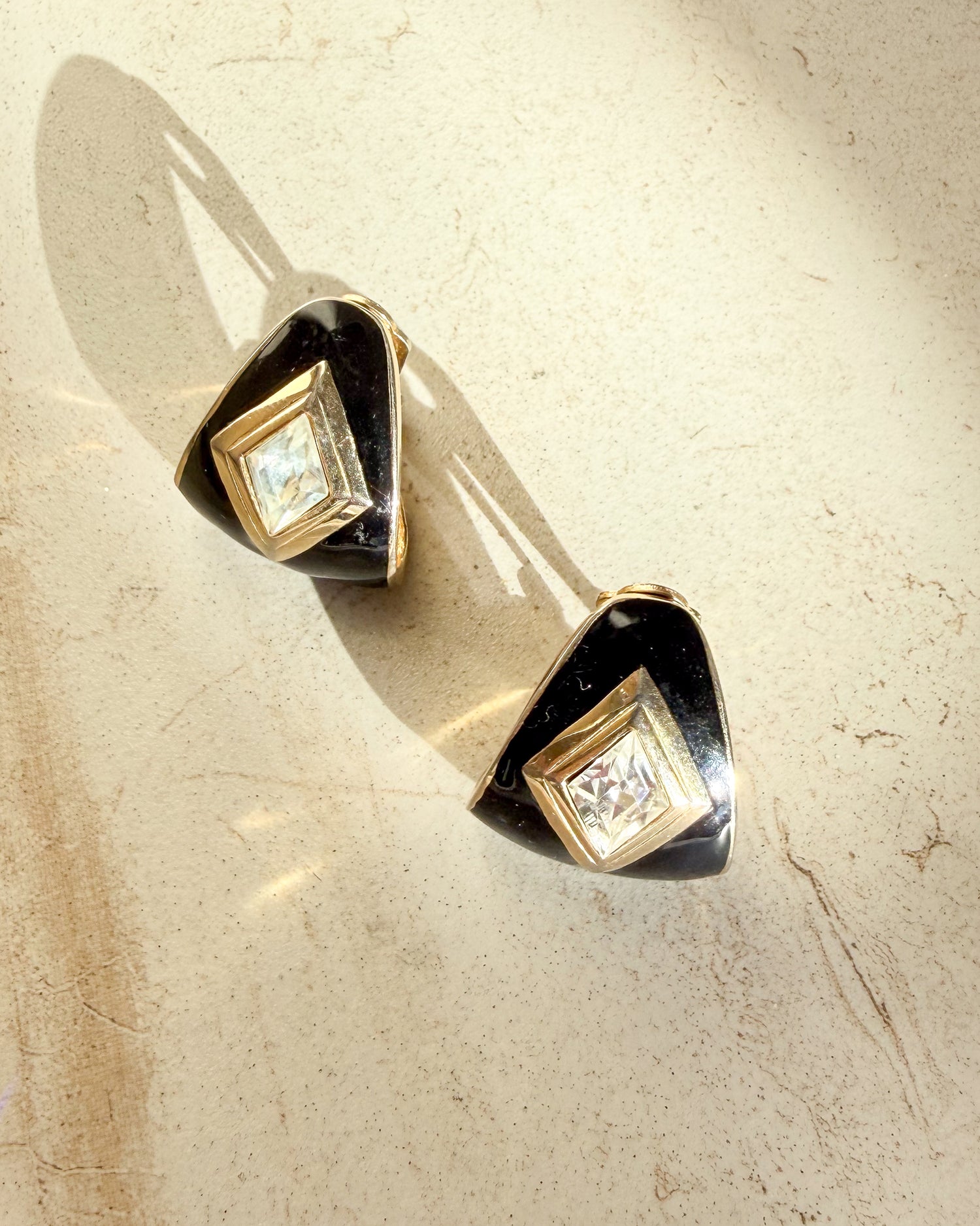 Vintage Signed Black Enamel Diamond Clip On Earrings