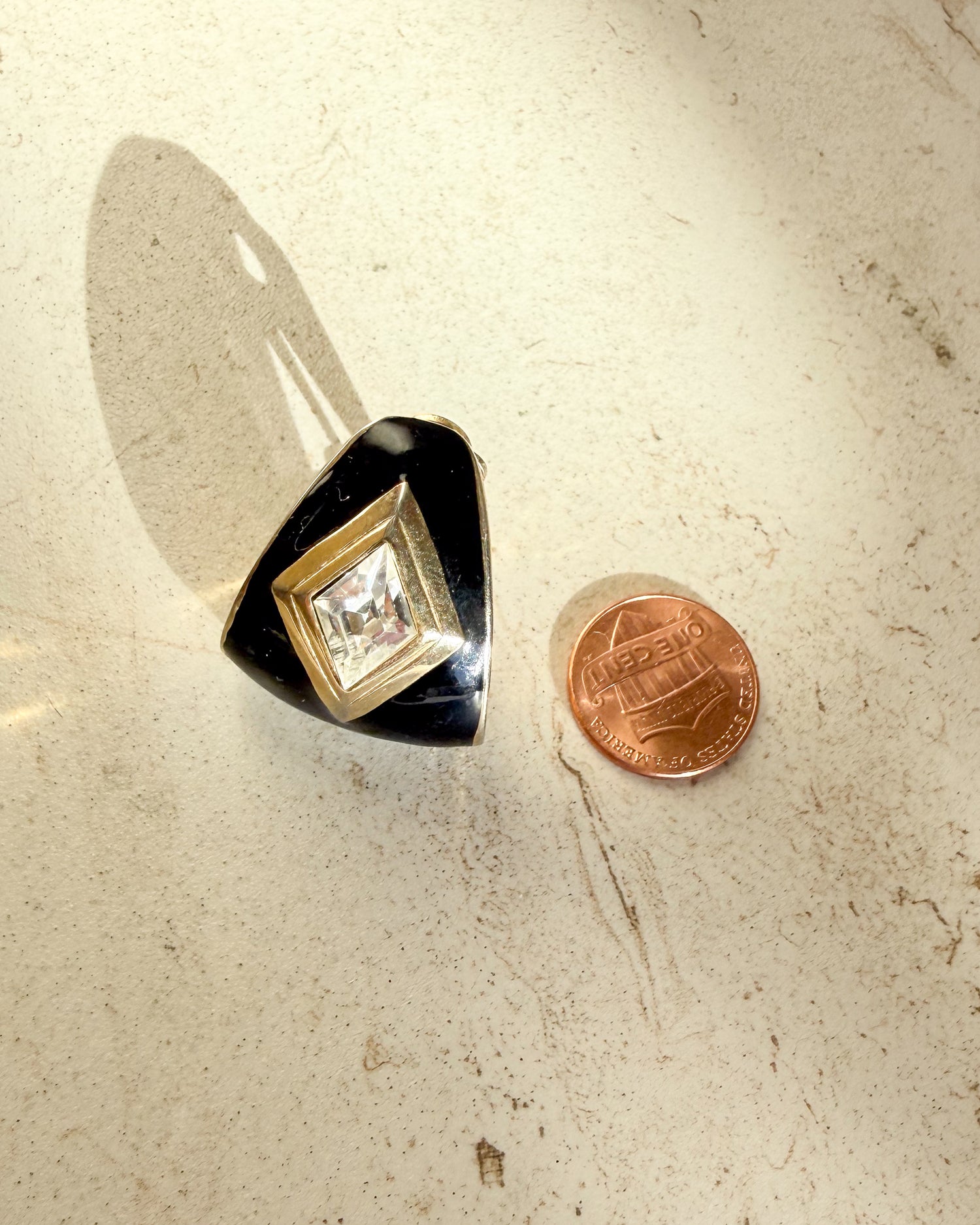 Vintage Signed Black Enamel Diamond Clip On Earrings