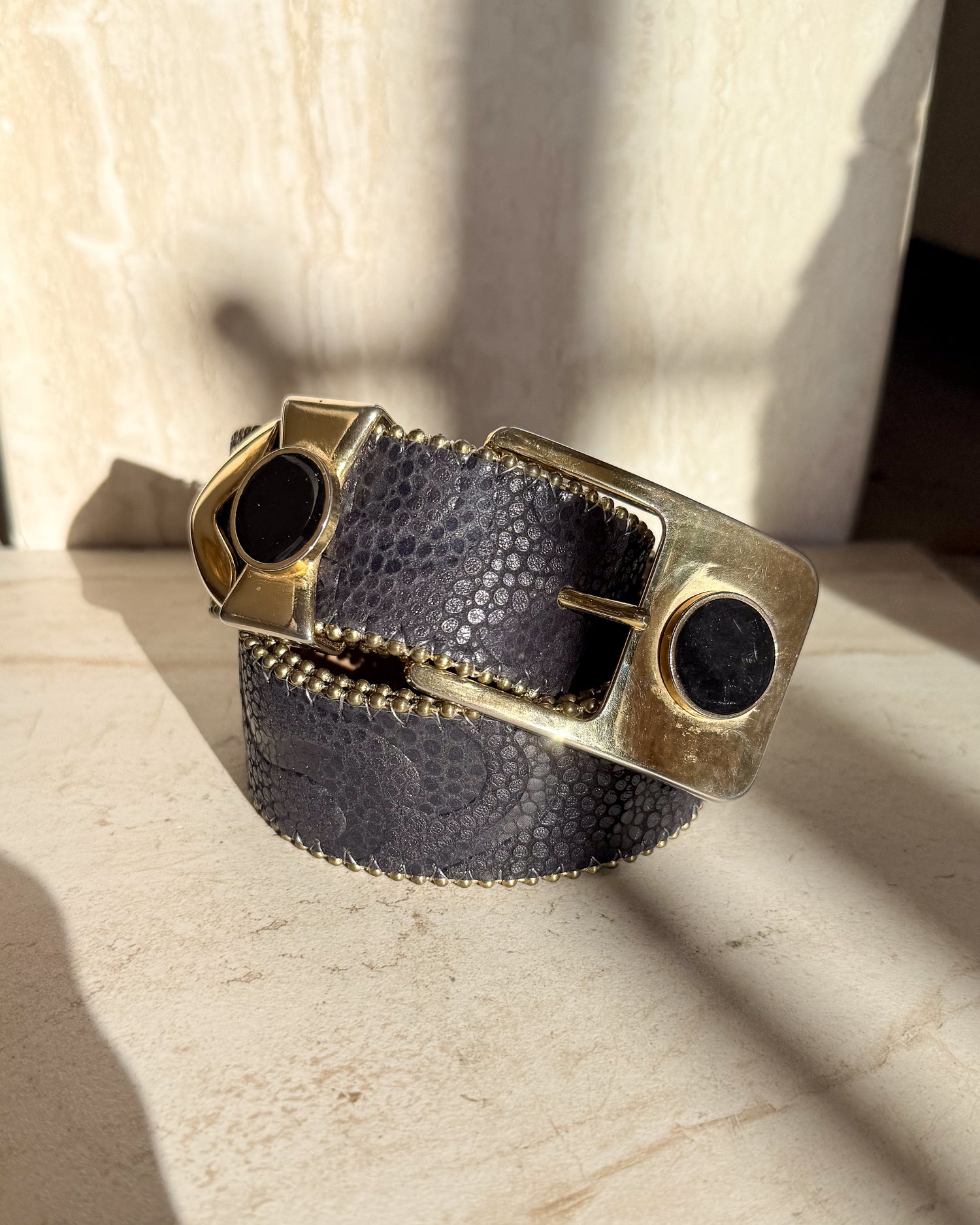 Vintage gold black leather Belt Sm