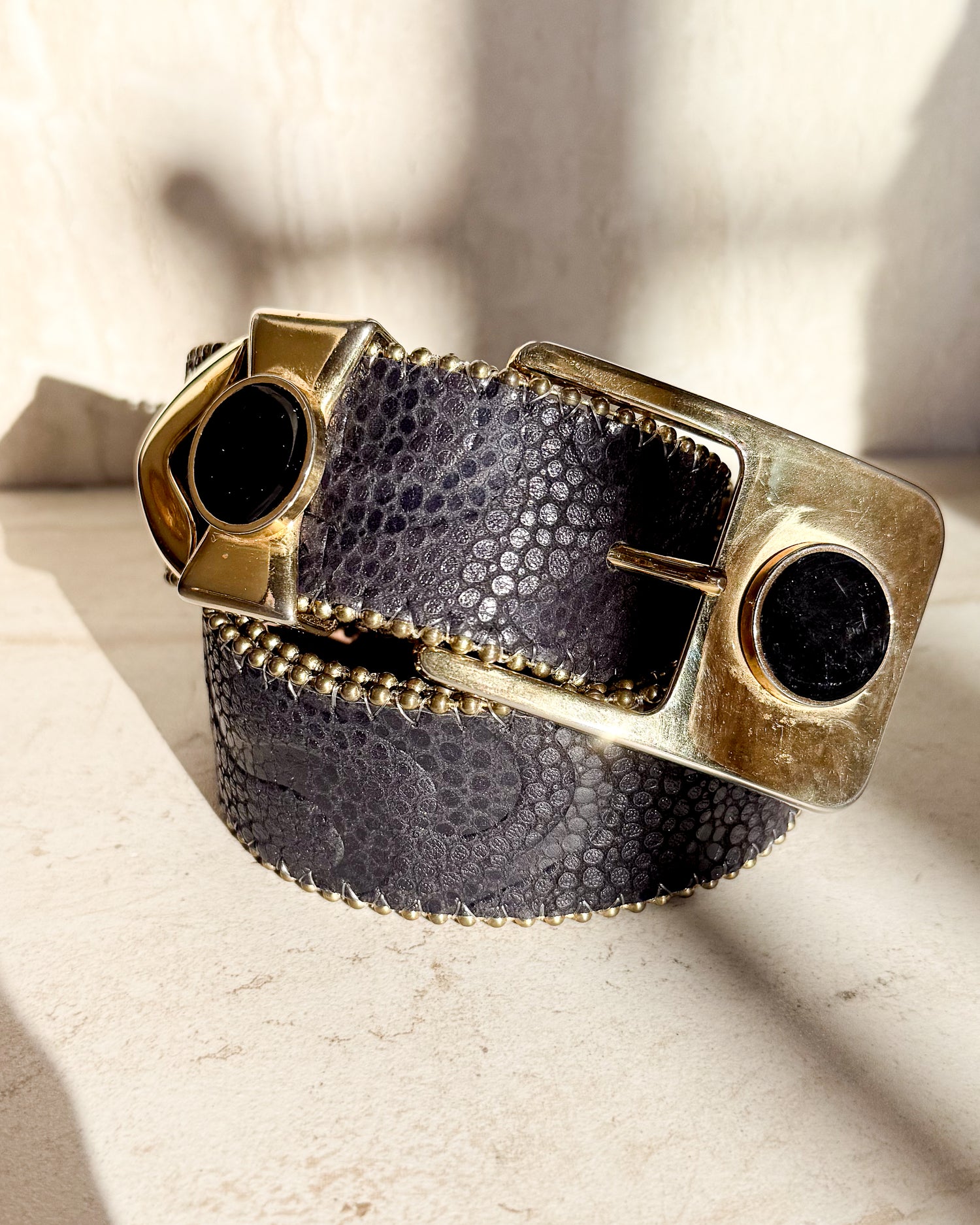 Vintage gold black leather Belt Sm