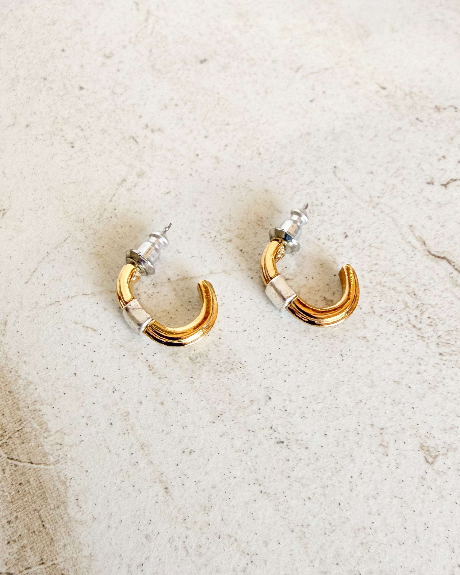 Vintage TWO-TONE GOLD HALF HOOP EARRINGS