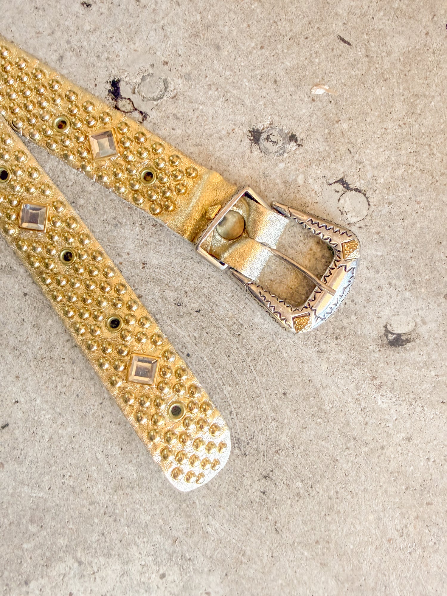 Vintage Gold Tone Studded Crystal Leather Belt S/M