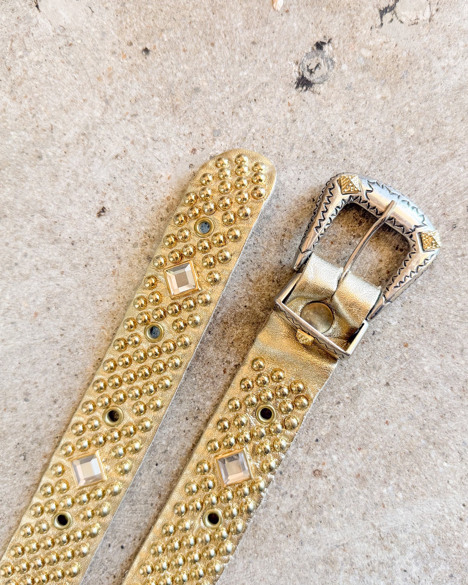 Vintage Gold Tone Studded Crystal Leather Belt S/M