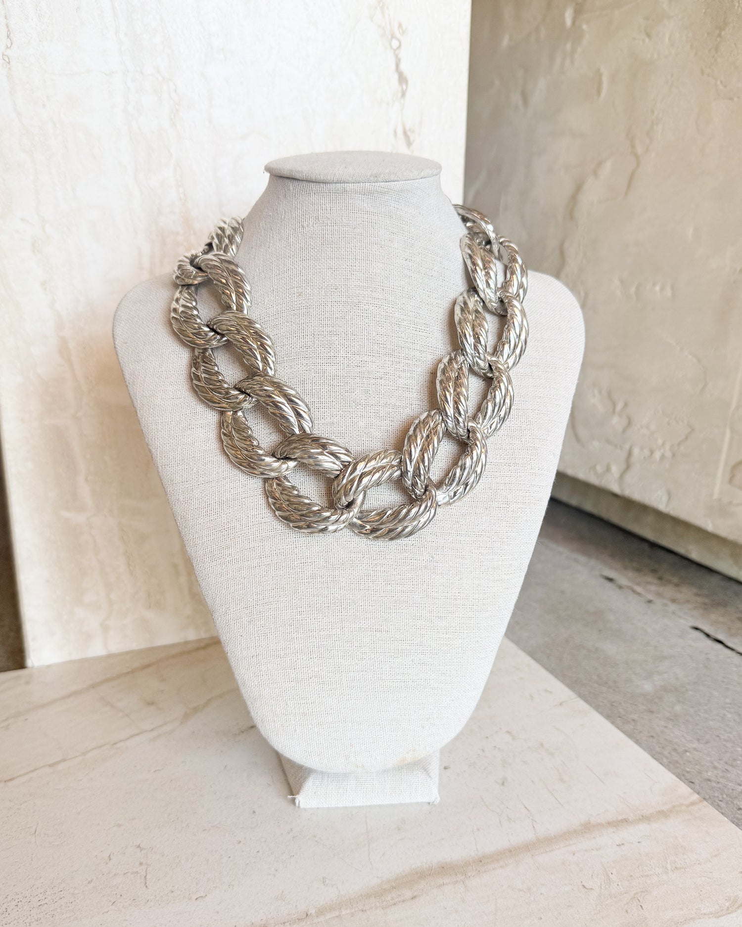 Vintage Signed Chunky Silver Plated Rope Link Necklace