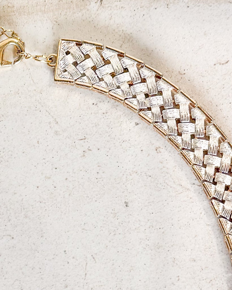 Vintage Signed Basket Weave Two Tone Necklace