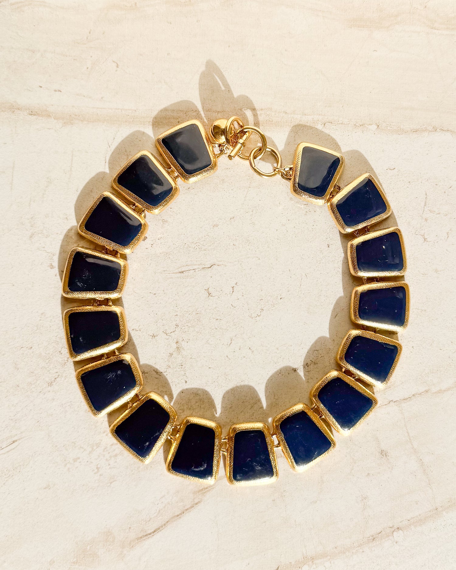 Vintage Designer gold tone and blue enamel wedge Necklace