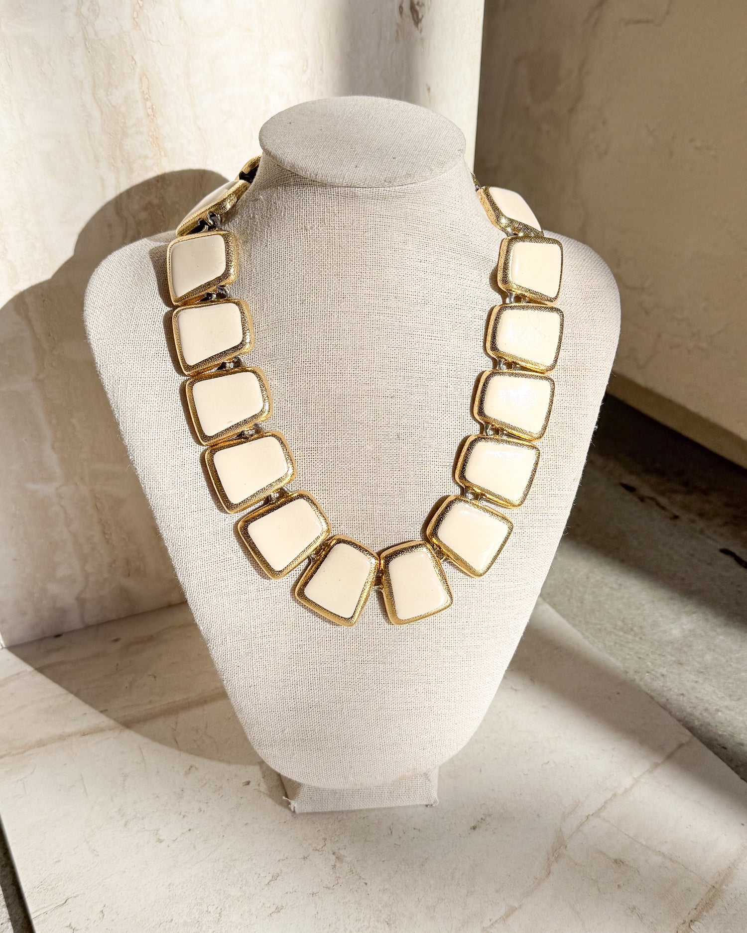 Vintage Designer gold tone and Ivory enamel wedge Necklace