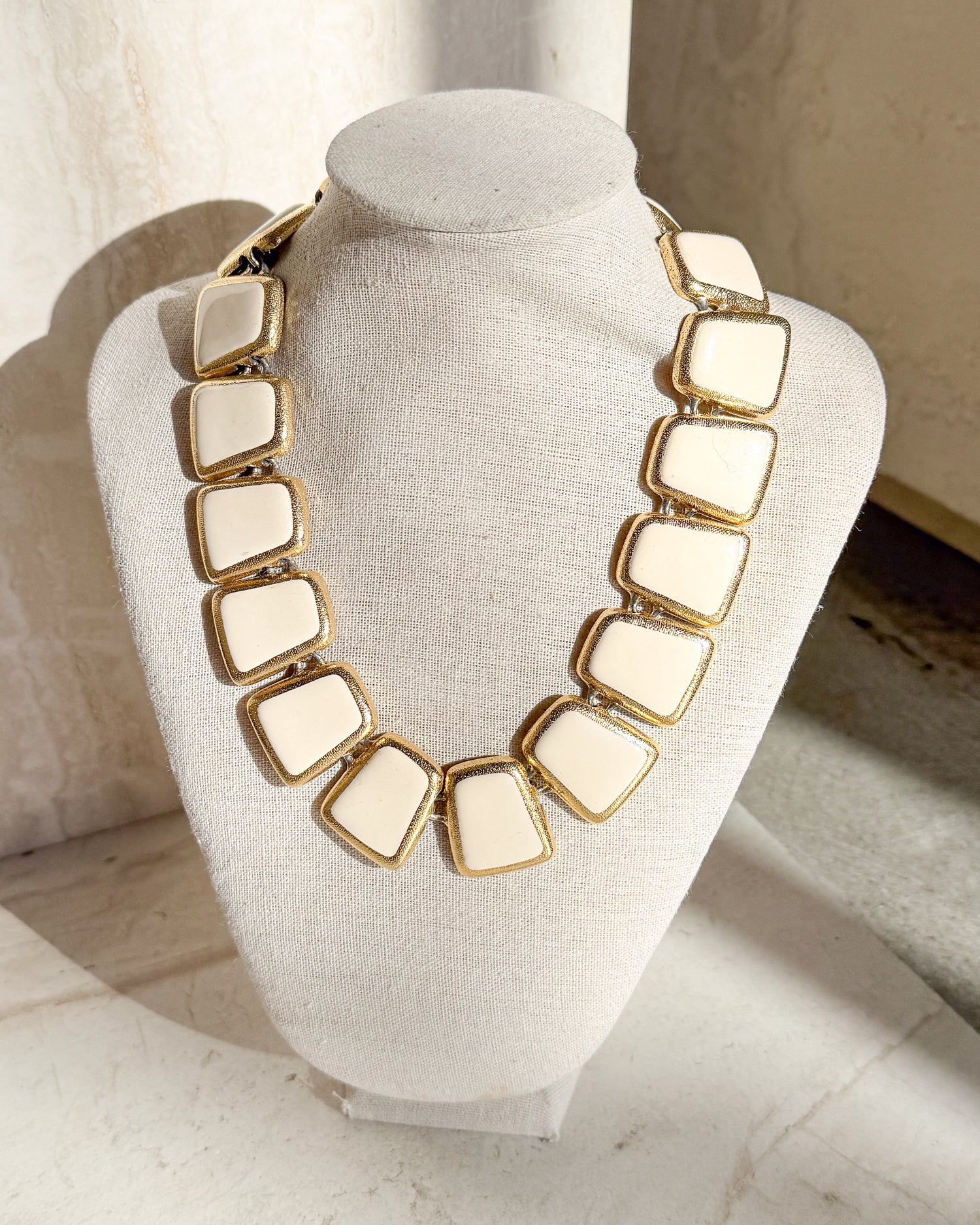 Vintage Designer gold tone and Ivory enamel wedge Necklace