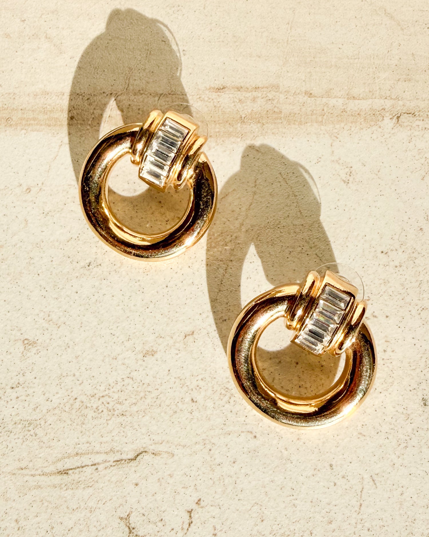 Vintage Crystal Ribbed Gold Plated Door Knocker Earrings