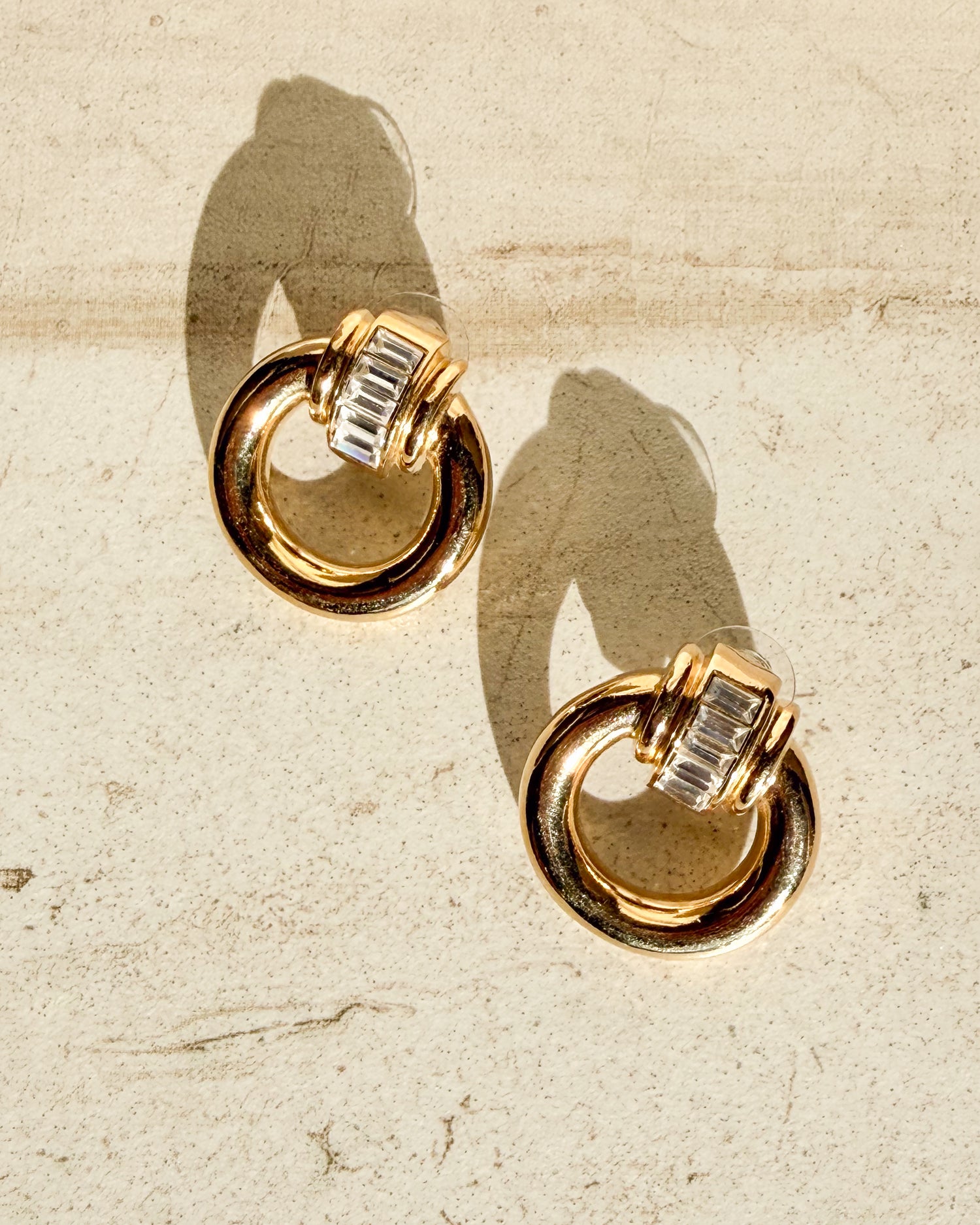 Vintage Crystal Ribbed Gold Plated Door Knocker Earrings