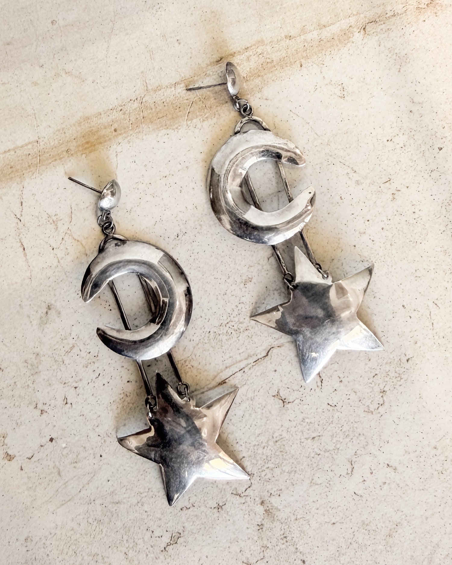 Vintage Silver Citrine Crescent Moon Star Earrings