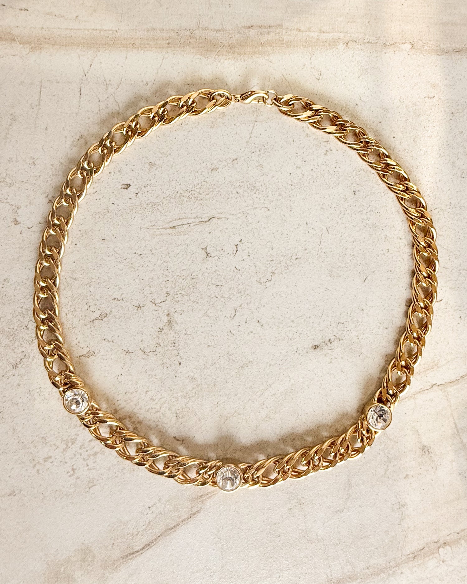 Vintage Gold Tone Crystal Rhinestone Station Necklace