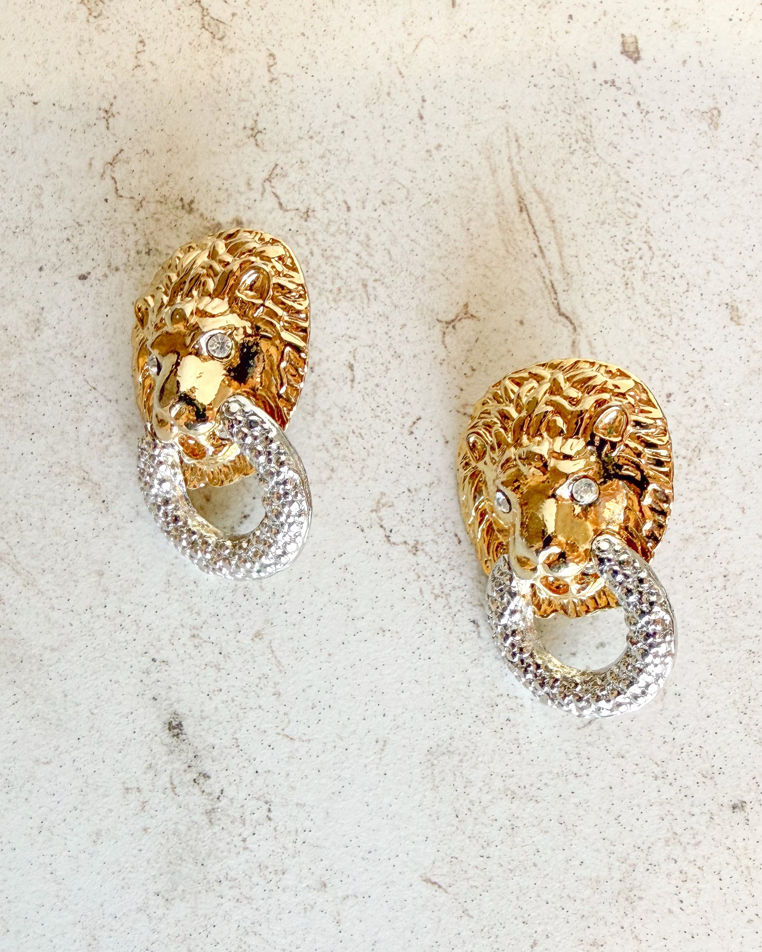 Vintage Lion Head 2 Tone Door Knocker Hoop Clip on Earrings