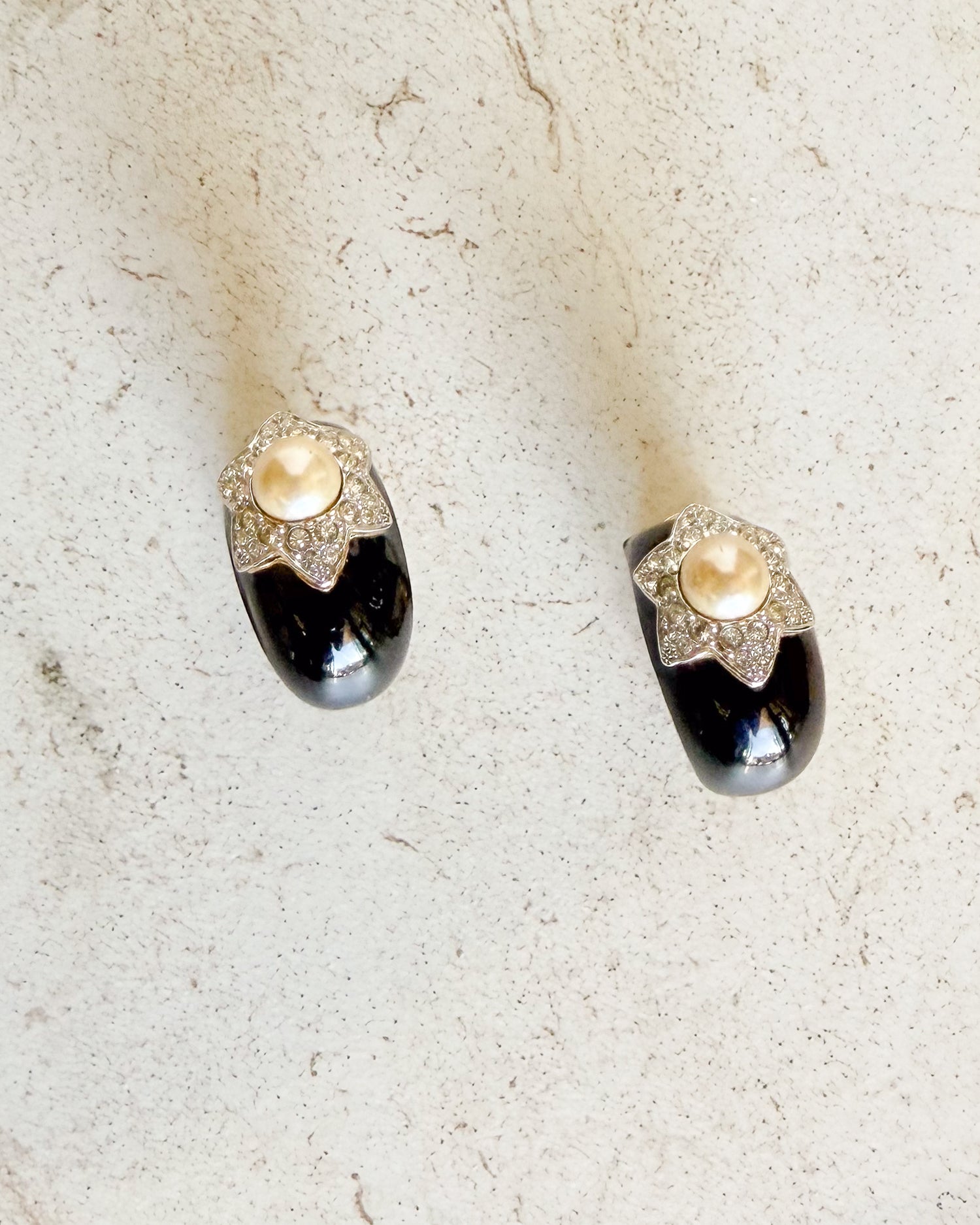 Vintage Signed Black Enamel Diamond Pearl Flower Clip On Earrings