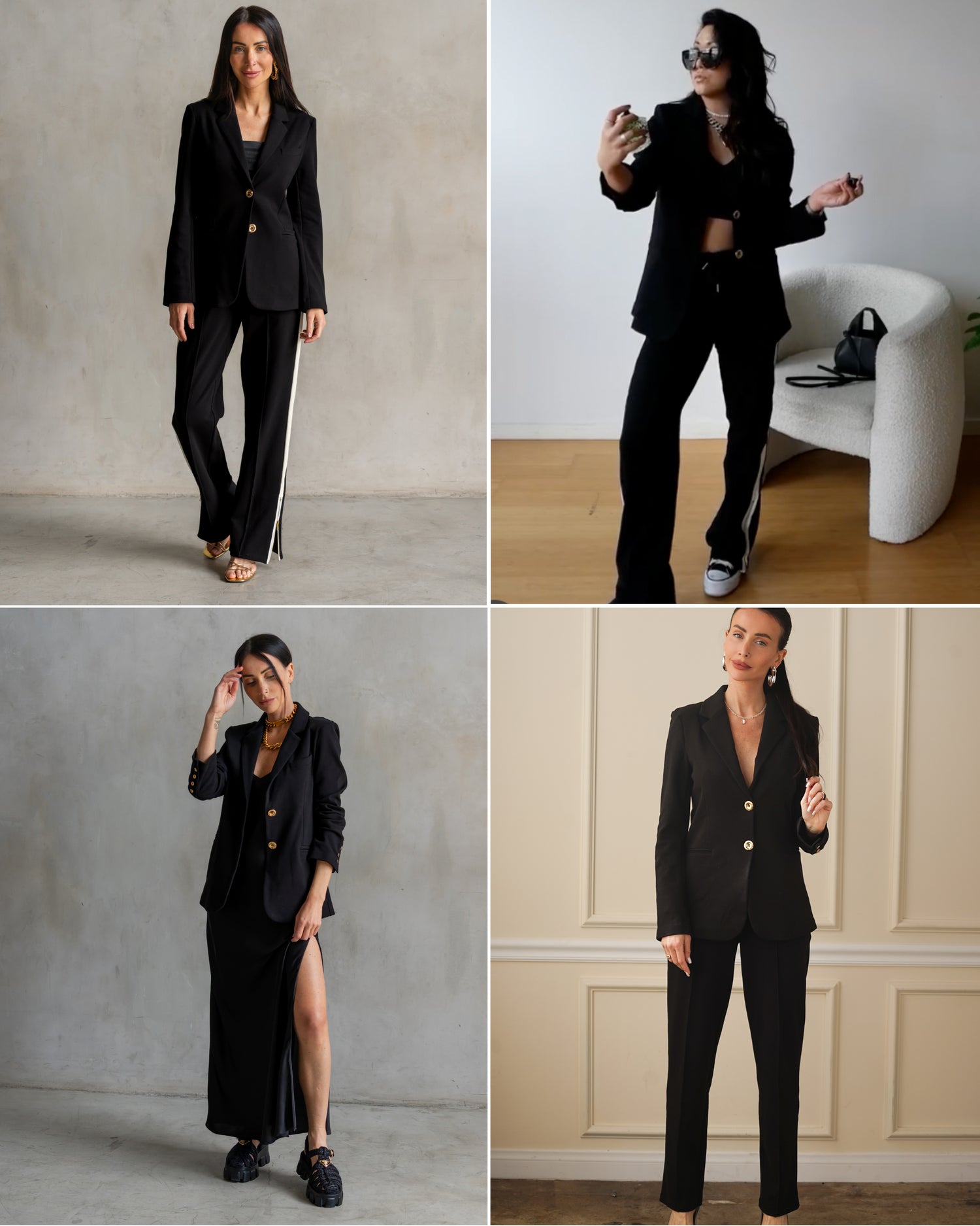 Woman modeling a black blazer in various settings.