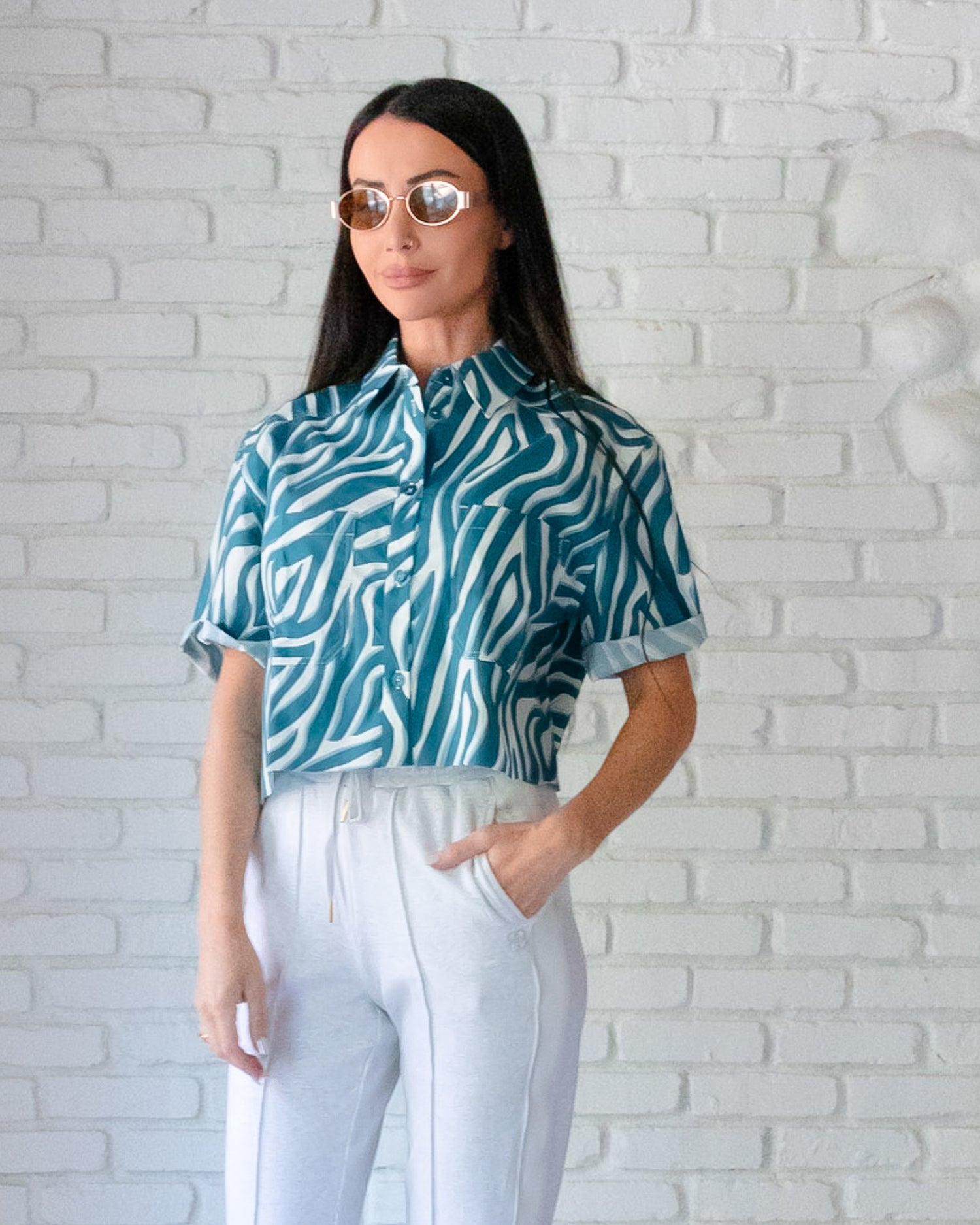 Basic Preslie Poplin Cropped Shirt Shaded Zebra