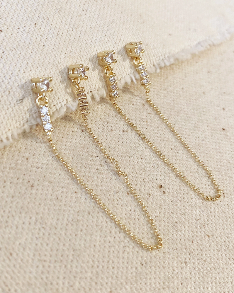 Cz Double Piercing Earrings Connected By Chain