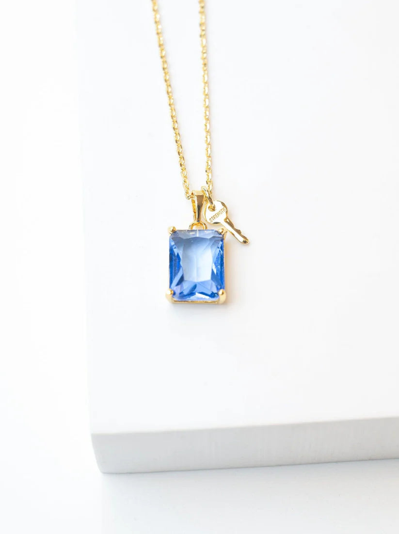Emerald Cut Gemstone and Mini Key Necklace in Gold