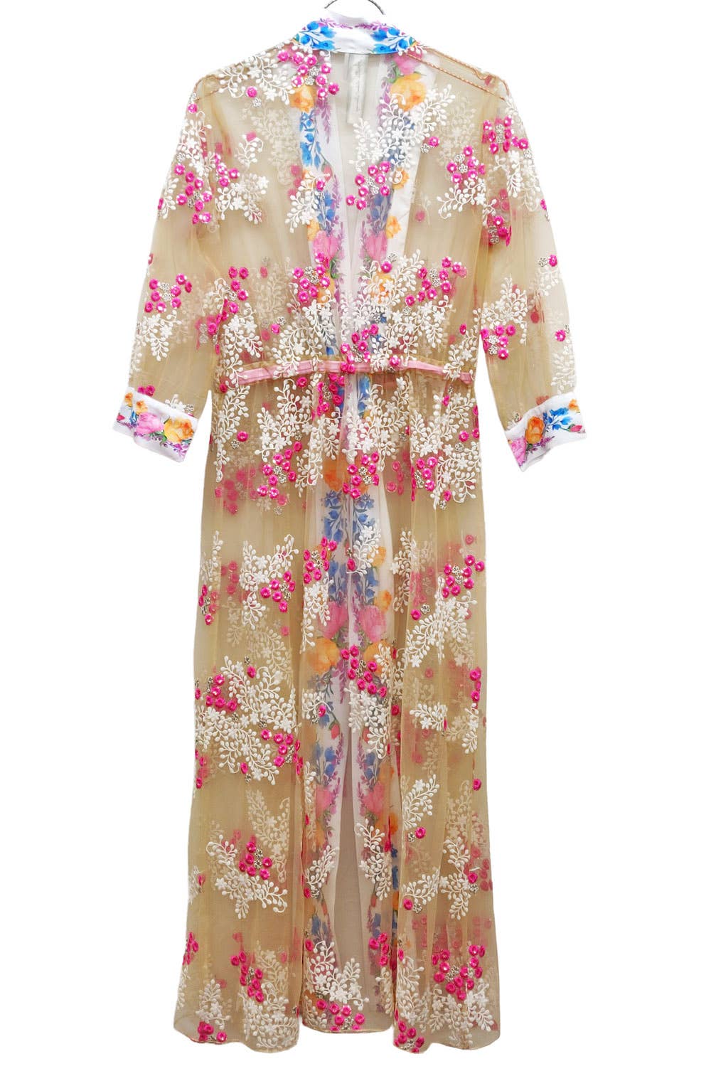 Beaded Floral Mesh Coat Robe Coverup