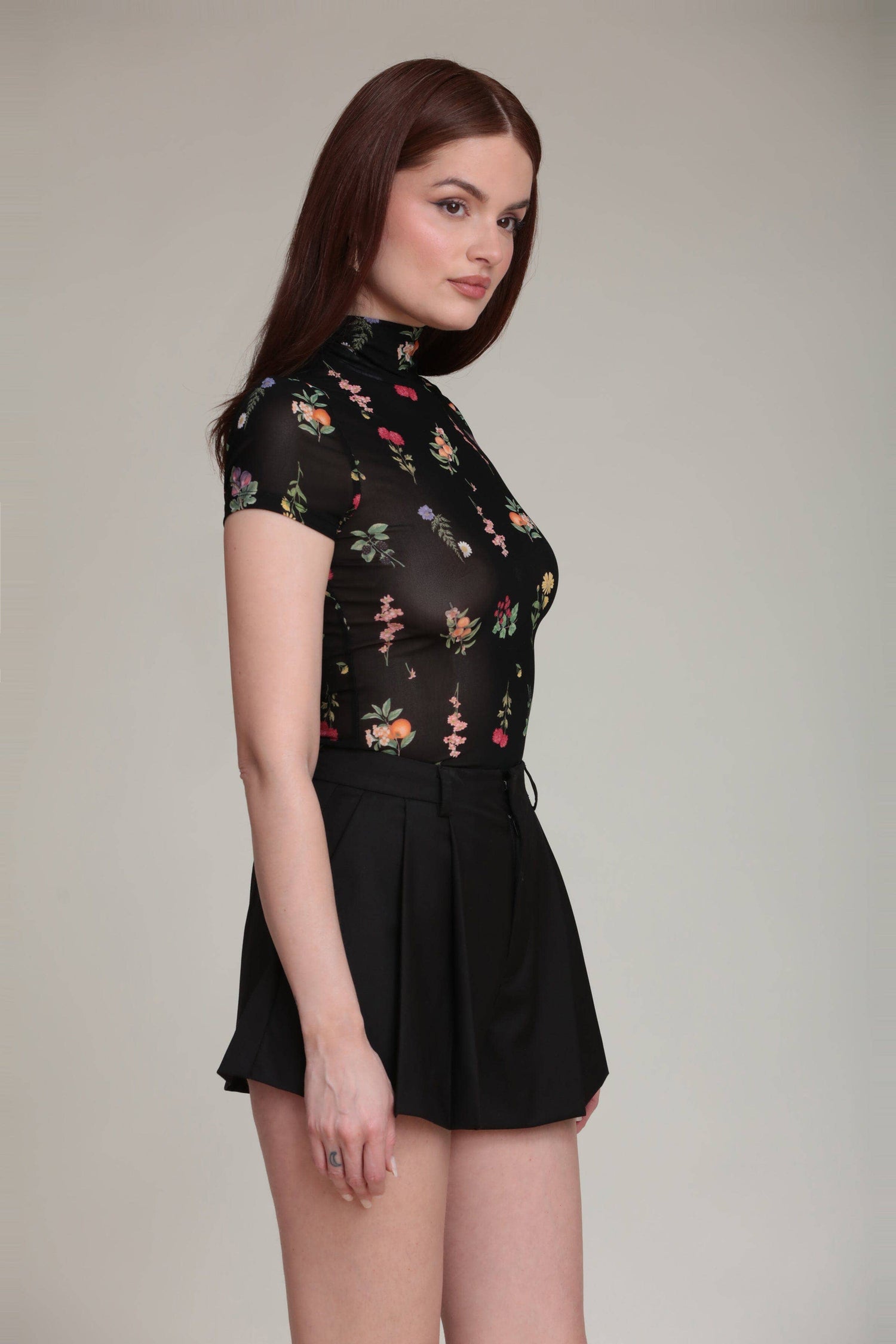 Floral Mesh Mock Neck Top (Black Botanical)