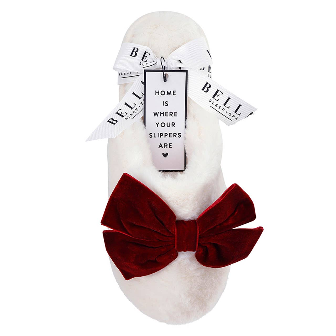 Plush Velvet Bow Slippers - Ivory + Burgundy Velvet Bow