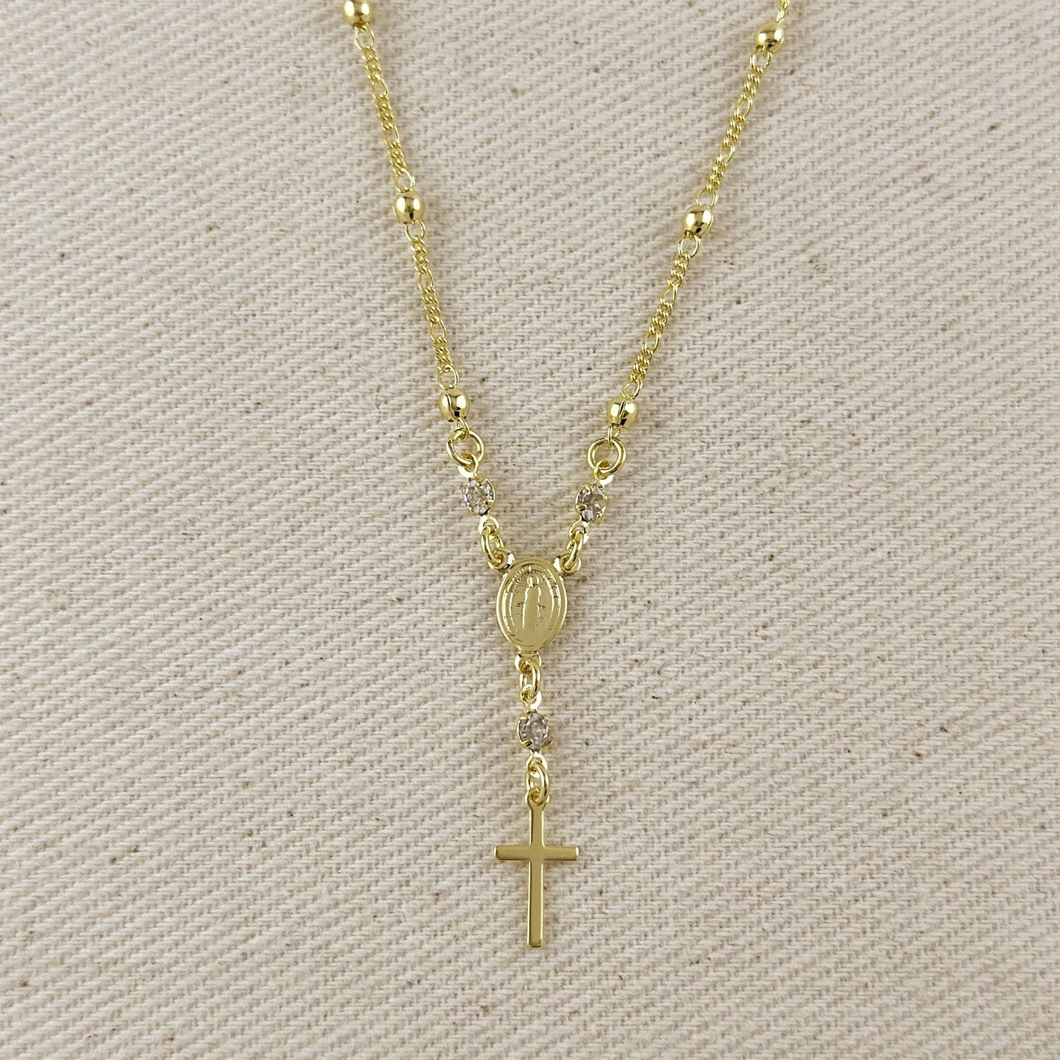 18k Gold Filled Our Lady of Graces Rosary Ball Chain and Small Plain Cross