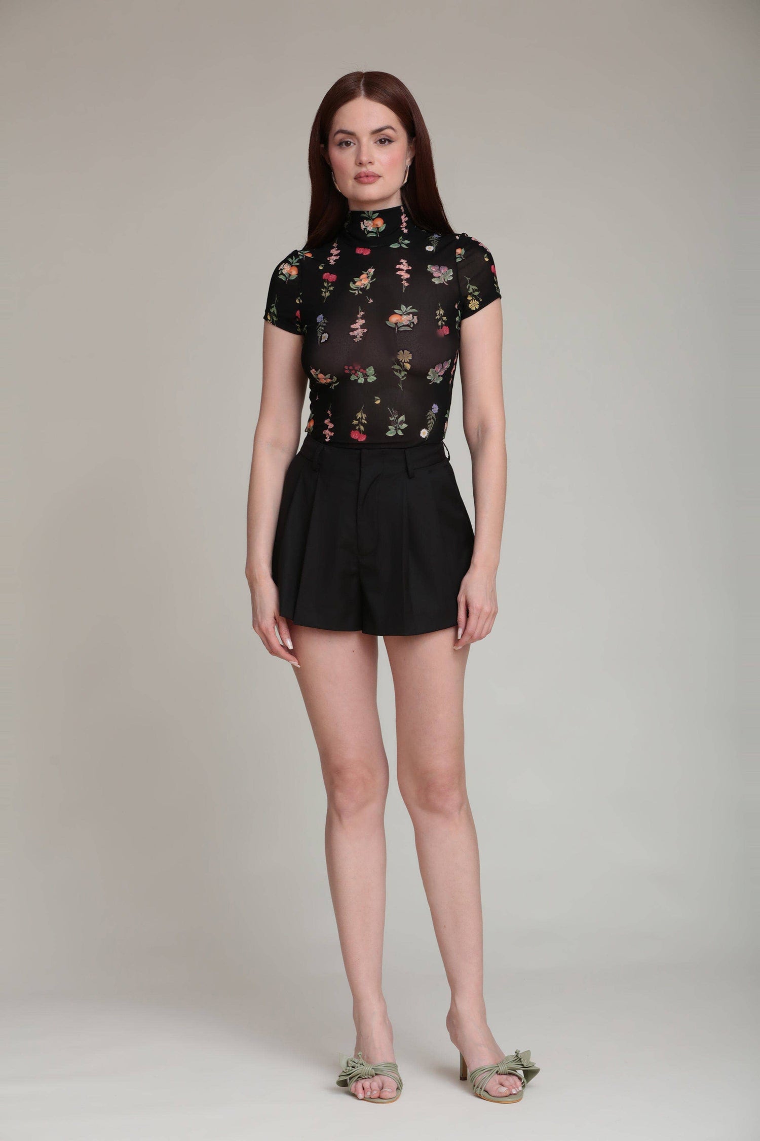Floral Mesh Mock Neck Top (Black Botanical)