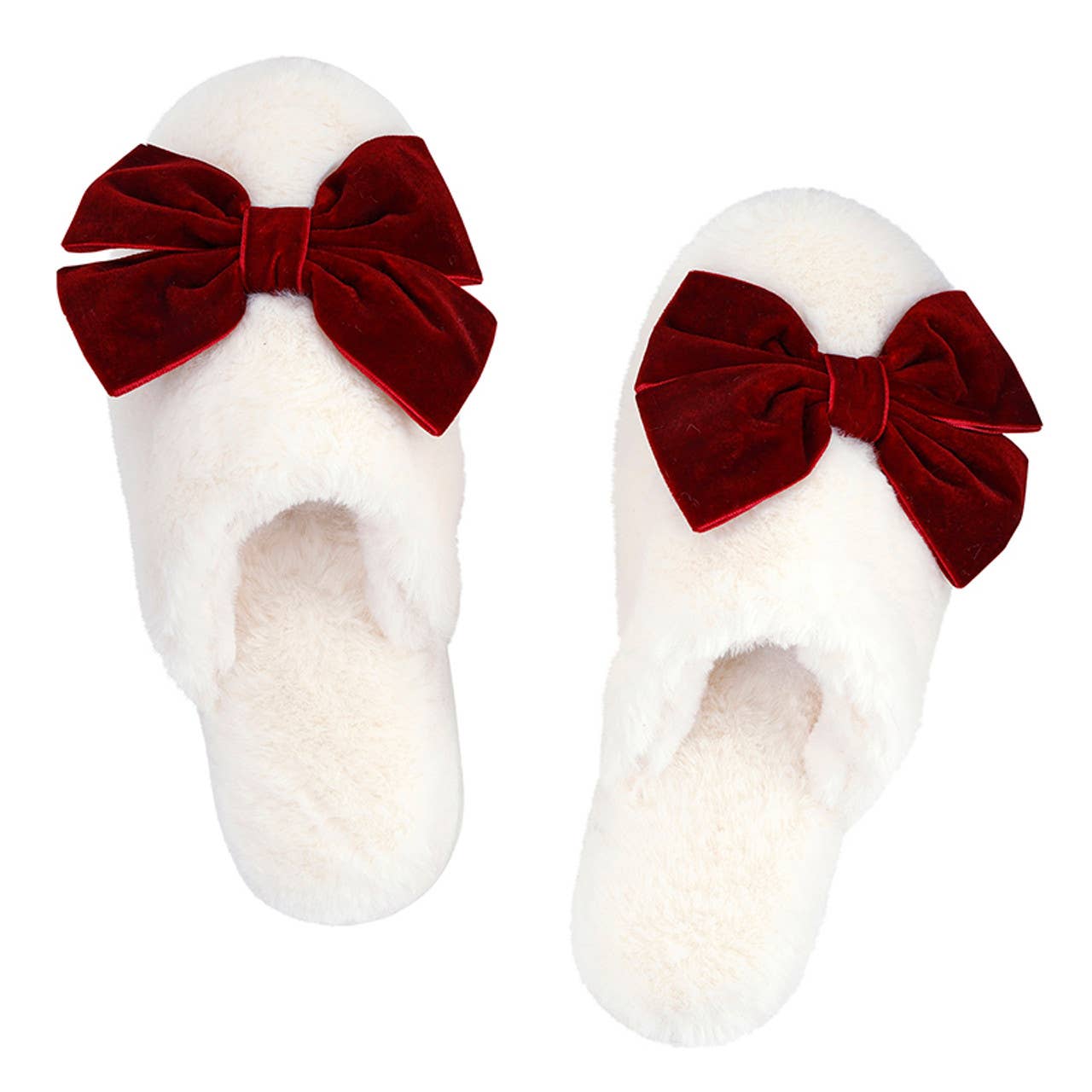 Plush Velvet Bow Slippers - Ivory + Burgundy Velvet Bow